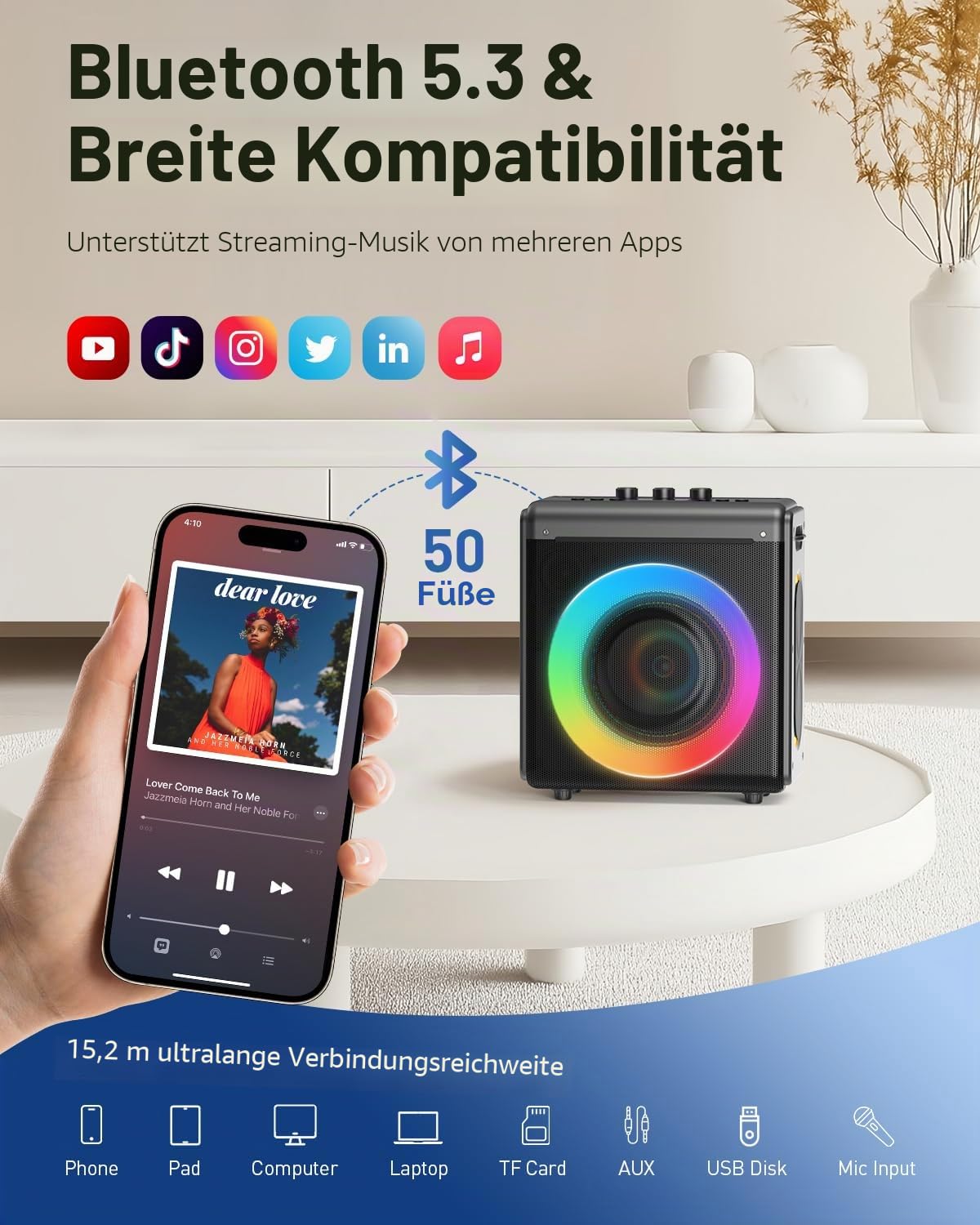 Karaoke Maschine mit 2 mikrofonen, wiederaufladbaren Mikrofonen: Tragbarer Bluetooth-Lautsprecher für Erwachsene und Kinder – PA-System mit Lichteffekten, unterstützt TWS/TF-Karte/USB/AUX