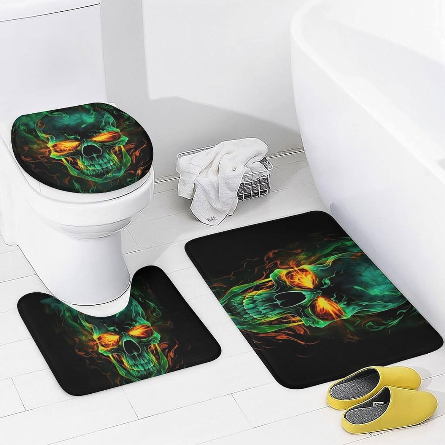 4 Pcs Bathroom Shower Curtain Set,Bathroom Sets with Rugs (Bath Mat,U Shape and Toilet Lid Cover Mat), Flame Skull Bathroom Decor Set