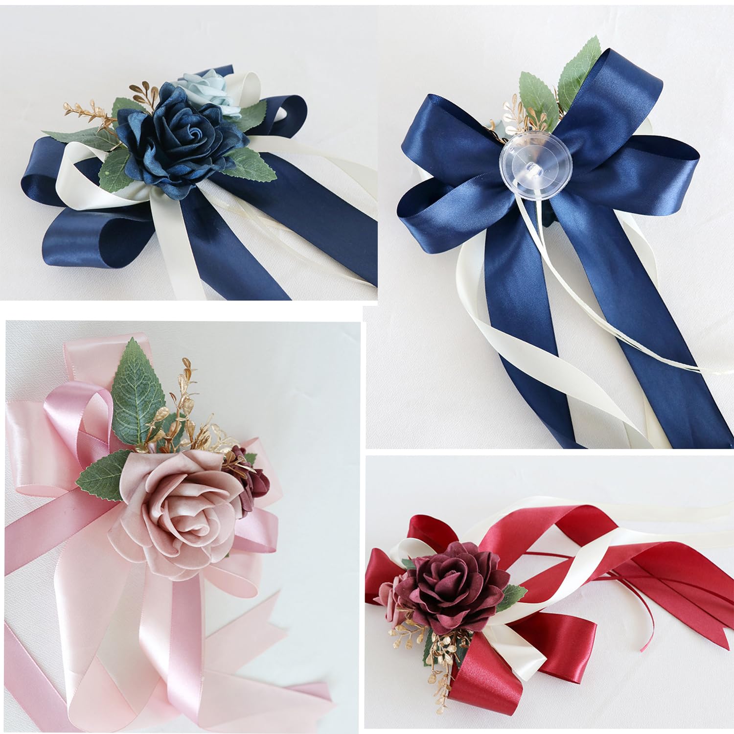 4 Fiori In Seta Per Auto Con Fiocco - Decorazioni Per Specchietti - Grigio E Bianco - Matrimonio E Feste