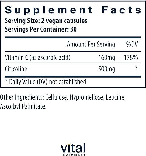 Vista 2 de Vital Nutrients - Citicolina - Enfoque Mental y Atención - 60 Cápsulas Vegetarianas por Botella - 250 mg