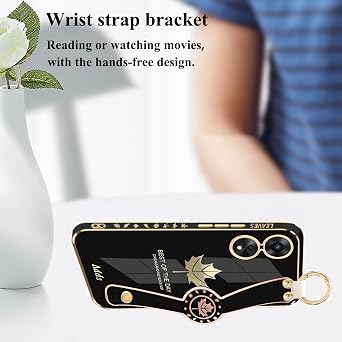 Phone Case for Oppo A78 5G with Wrist Strap Stand & Finger Ring, Cute Aesthetic Slim Silicone Shockproof Protective Cover for Women Girls (Black)