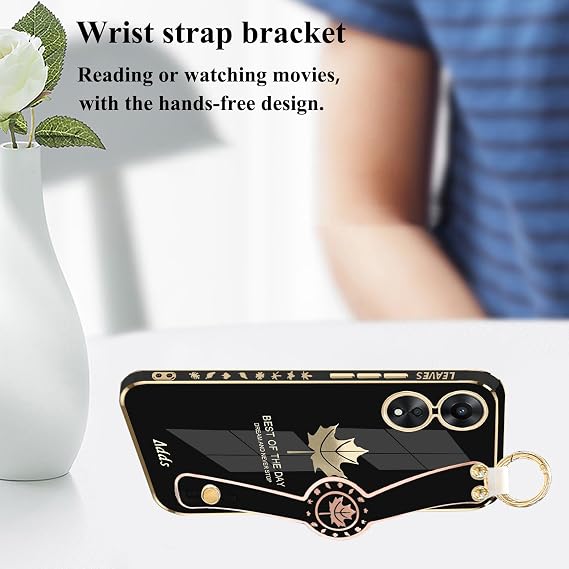 Phone Case for Oppo A78 5G with Wrist Strap Stand & Finger Ring, Cute Aesthetic Slim Silicone Shockproof Protective Cover for Women Girls (Black)
