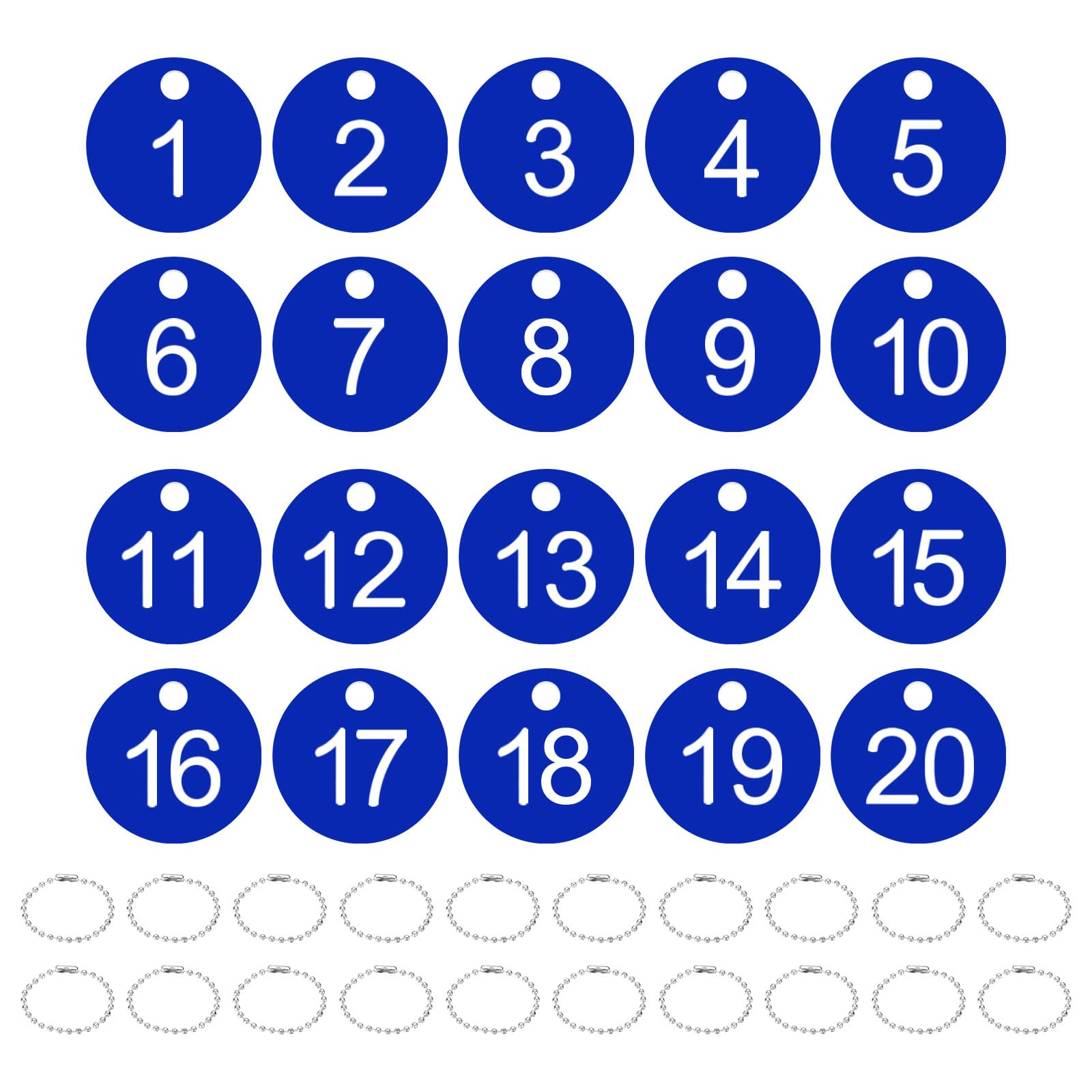 PATIKIL 1-20 Number Tags, 20Pcs Round ID Number Key Tags Plastic Numbered Keychain with Key Rings for Luggage Lockers Organizer Field Sales Hangers Clothes Labels, White-Blue