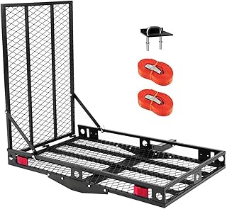 Happytools Hitch Cargo Carrier with Ramp, Folding Heavy Duty Steel Wheelchair Mobility Scooter Hitch-Mounted Carrier for Car, Truck, SUV, RV, 500LBS Capacity