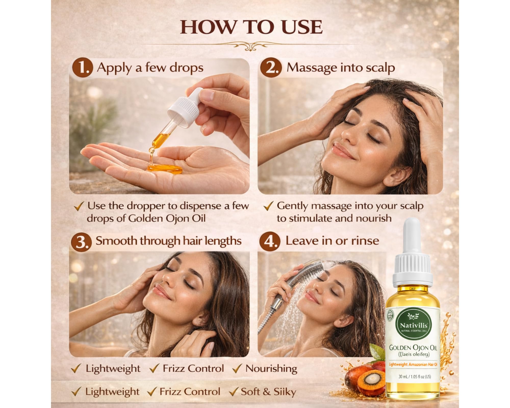Nativilis Ojon Caiaue Golden Oil - Potenciador natural de la piel del cabello Rainforest Virgin Oil - Revitaliza los folículos dañados Cabello - Copaiba
