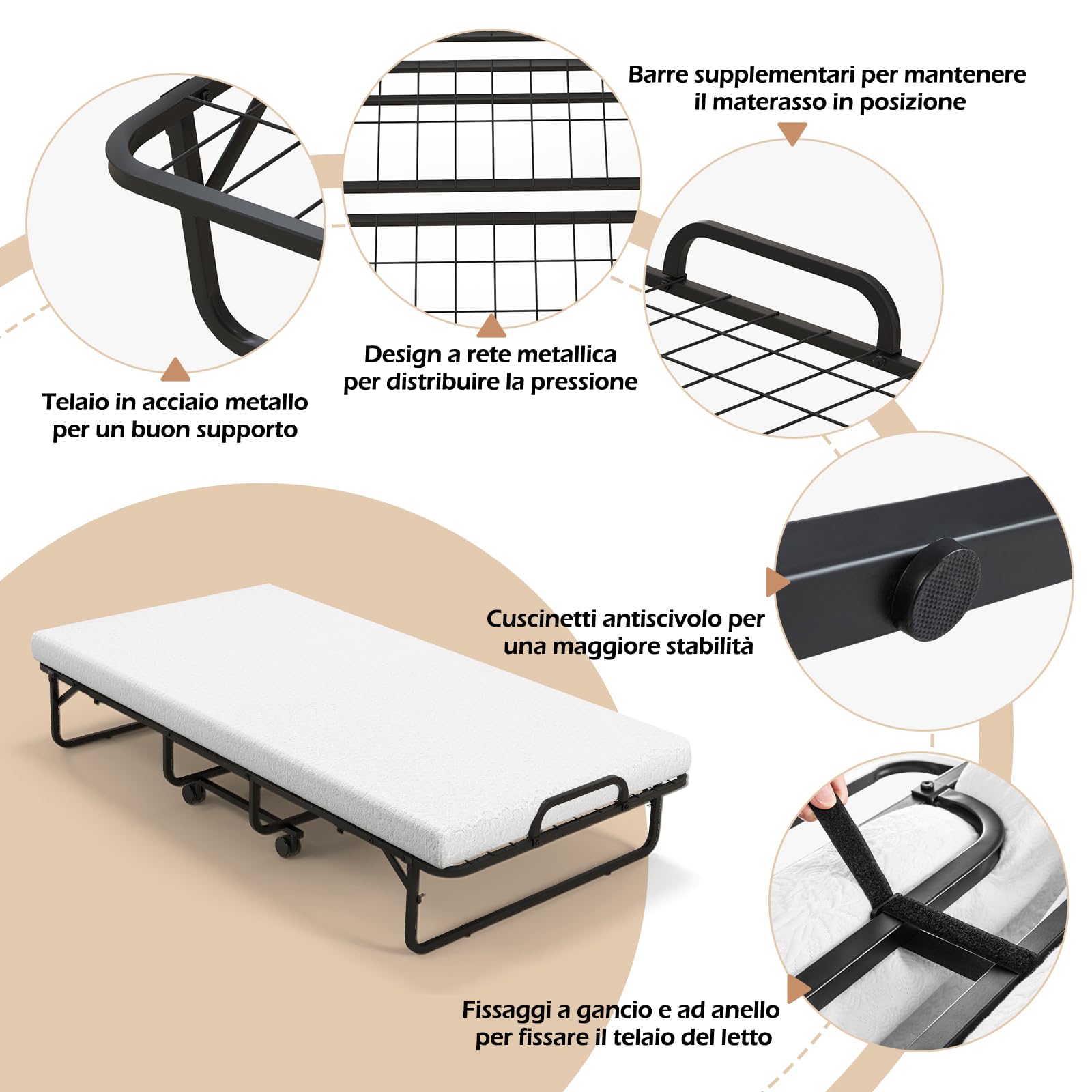 GYMAX Brandina Pieghevole con Materasso, Carico 180 kg, 191 x 96 x 38 cm, Materasso Memory, a Rete di Acciaio
