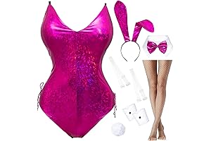 Women's Playboy Bunny Costume- Holographic Shining Bodysuit Sparkle Costume Senpai Cosplay Bodysuit One-Piece Stockings Set