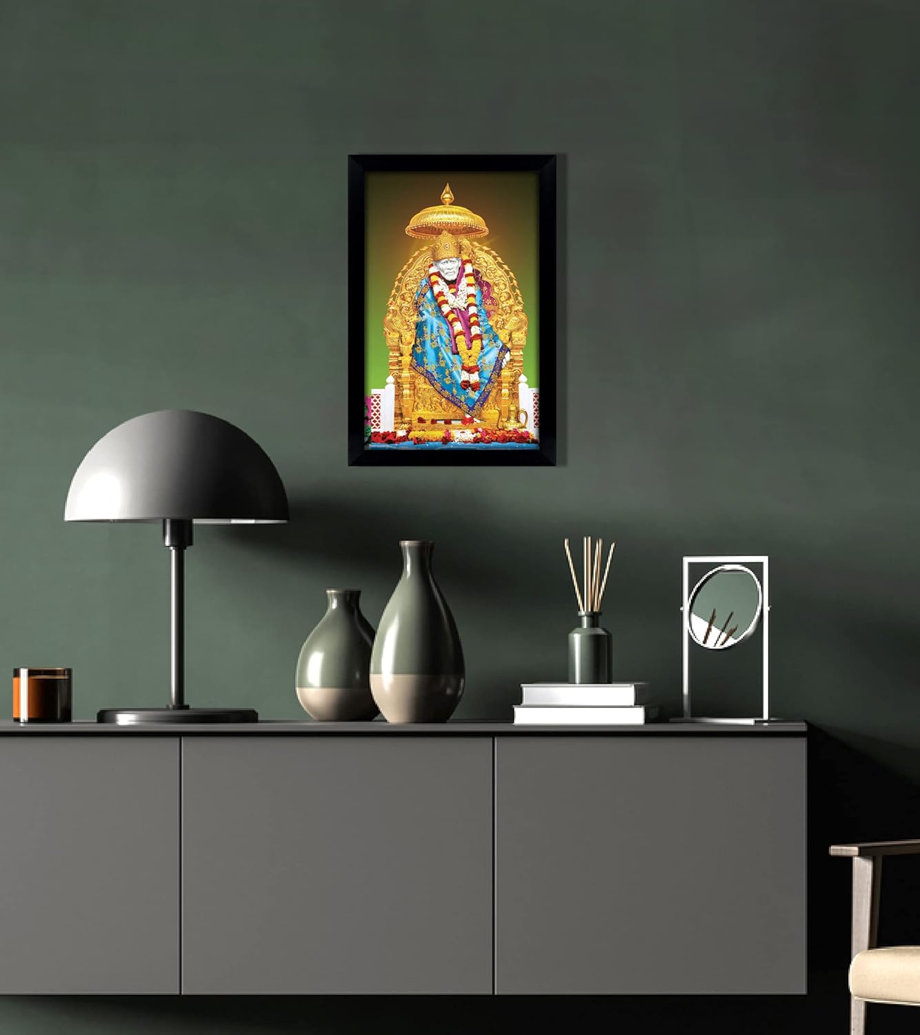 Elegant And Religious God Photo Frame Sai Baba In Sitting Pose Poster With Frame Black Wall Frame Deity Photo Frame Wall Decor For Home/Office/Temple