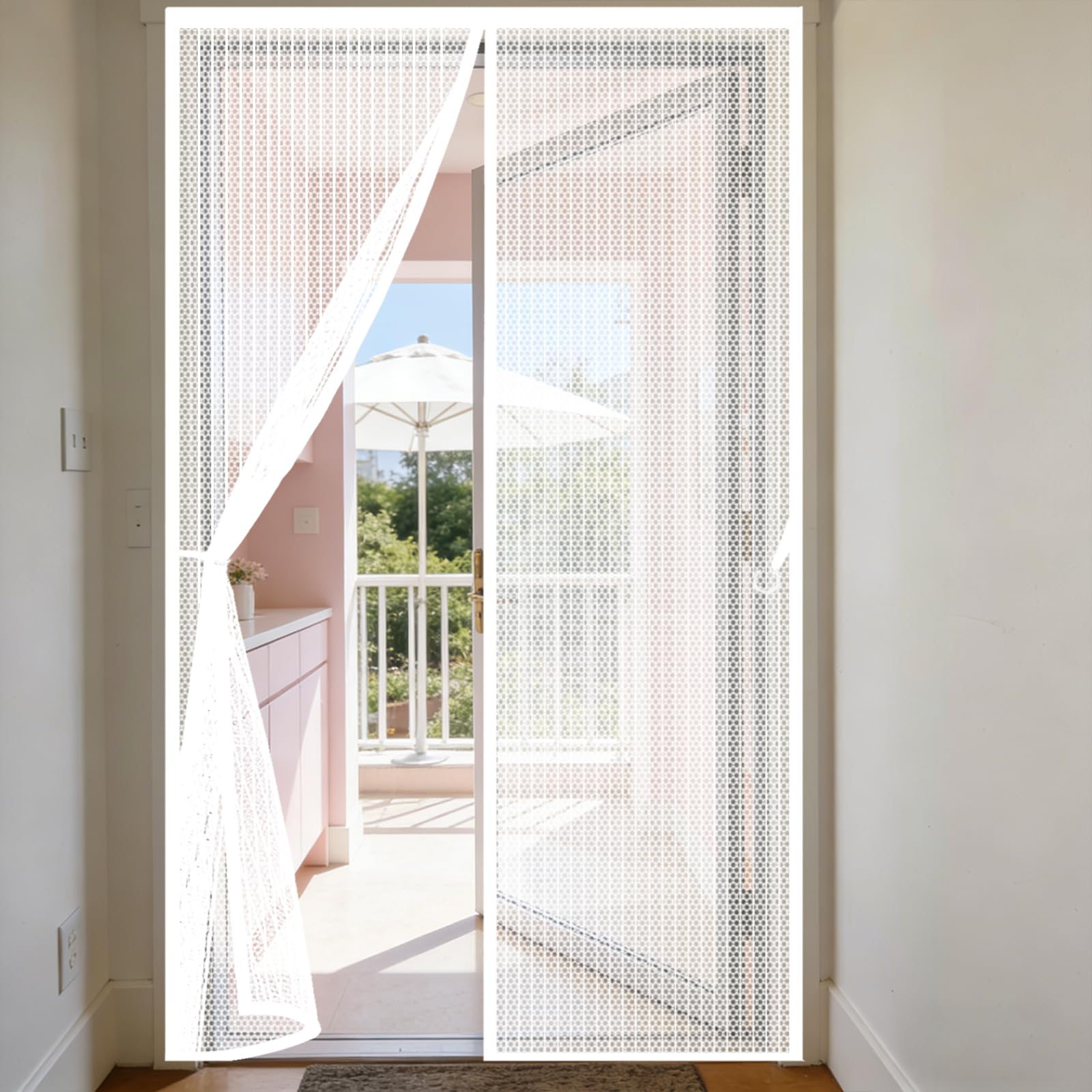 Fliegengitter Balkontür Magnet 175 x 200 cm Ohne Bohren, mit Starken Magneten, Selbstschließend, Keine Stechmücken, Magnetvorhang Terrassentür für Balkon Terrassentür, Weiß
