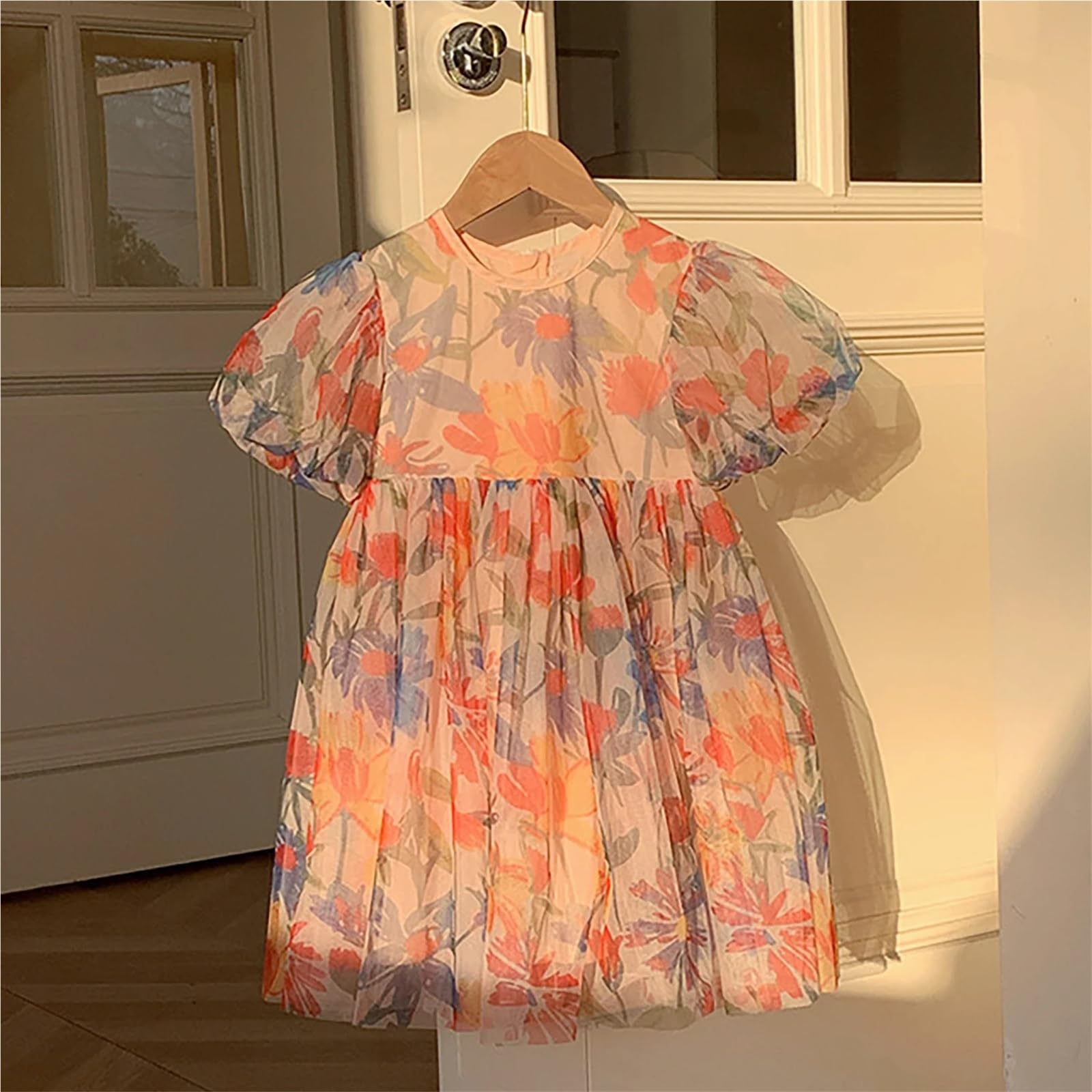 Vestido De Fiesta para NiñA Vestido de Verano con Estampado Floral y Mangas abullonadas for niñas de Malla(Sleeveless,12m)