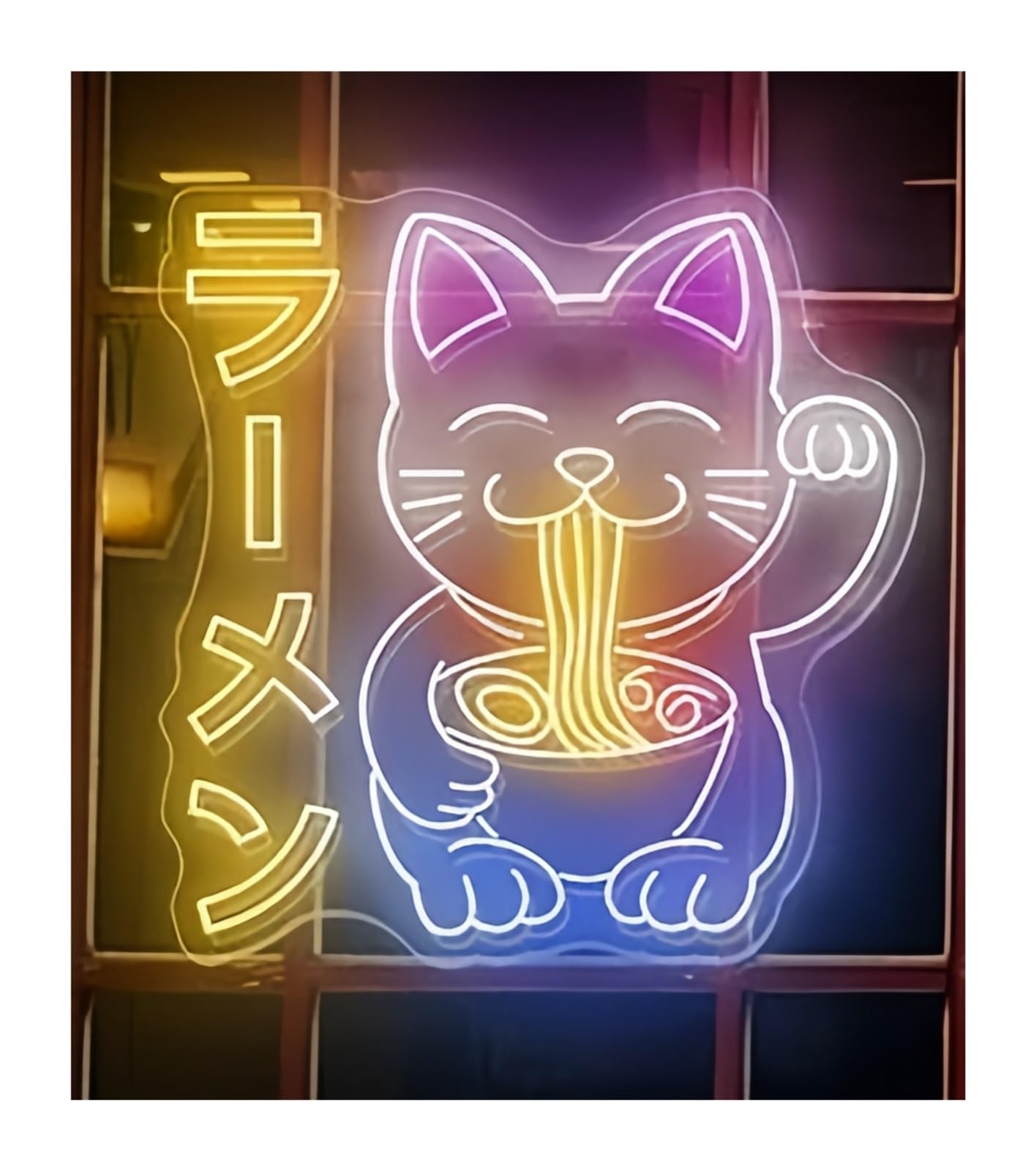 Shouxi E Sign Lamp Lucky Cat Ating Ramen Neon Sign Restaurant Kitchen Wall Decor Shop Signag Cat Ramen Noodles 60X63cm(E)