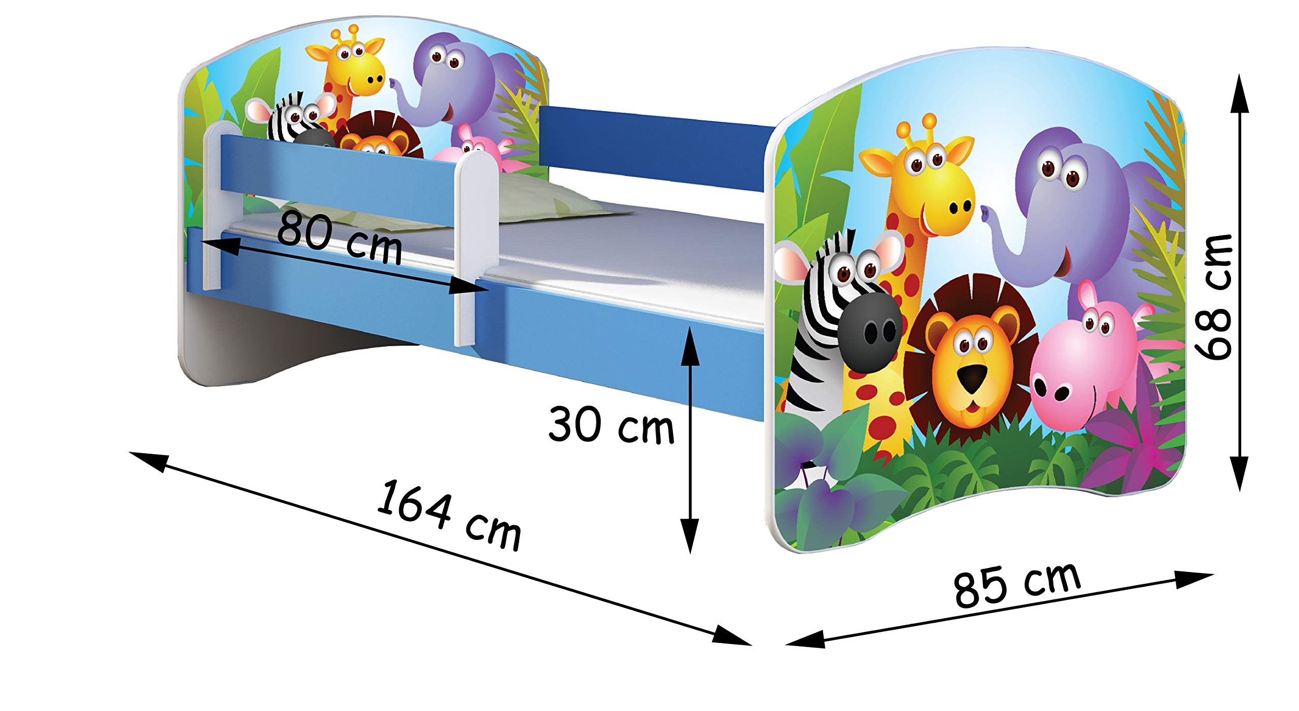 ACMA Kinderbett 160x80 cm Blau mit Matratze & Lattenrost – Jugendbett mit Rausfallschutz, personalisiertes Motiv 18 Pony Regenbogen, stabiles Kinderbett für Kinderzimmer, belastbar bis 120 kg