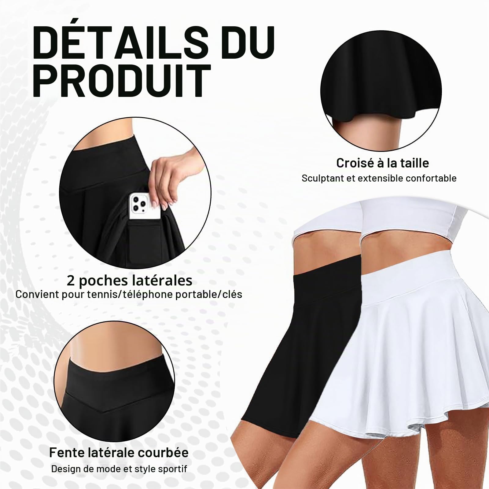 2 Pcs Jupe de Tennis Femme,Jupe Short Femme Sport,Short Intégré avec Poches et Pantalon Modèle Taille Haute Convient Aux Sports pour Diverses Occasions comme Le Tennis Vélo Course Noir Blanc Taille M