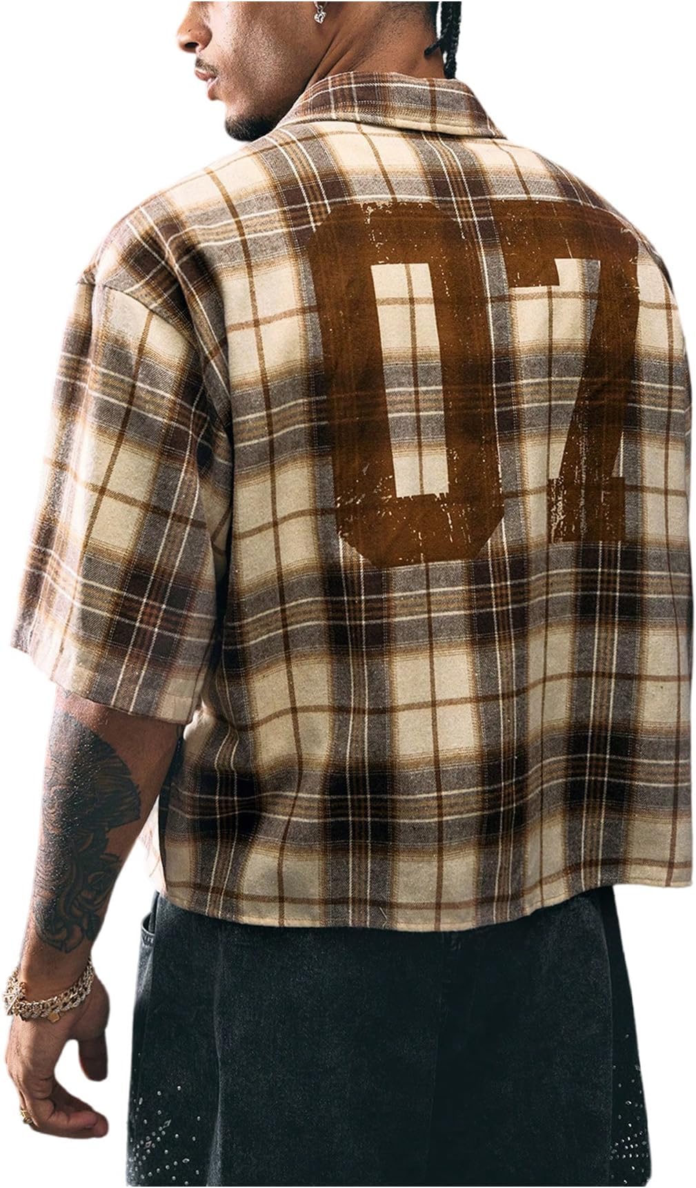 Men's Cropped Plaid Number Graphic Button Down Shirts Short Sleeve Retro Preppy Crop Tops