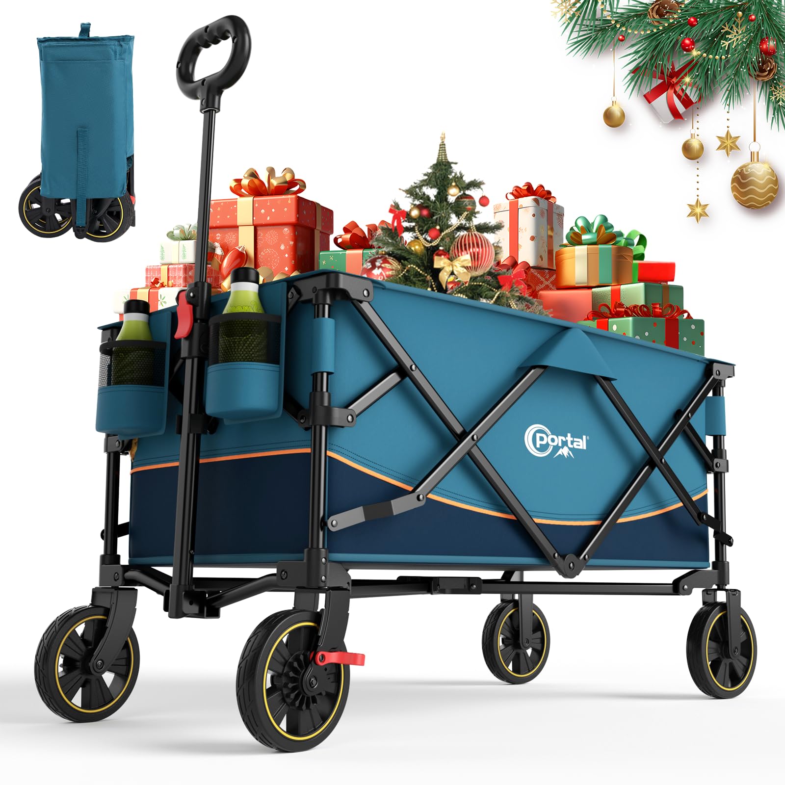 PORTAL Chariot de Plage Pliable, Chariot de Transport à roulettes Tout Terrain Poignée Réglable Charrette pour Extérieur Camping Pique-Nique avec Jusqu’à 120KG Bleu