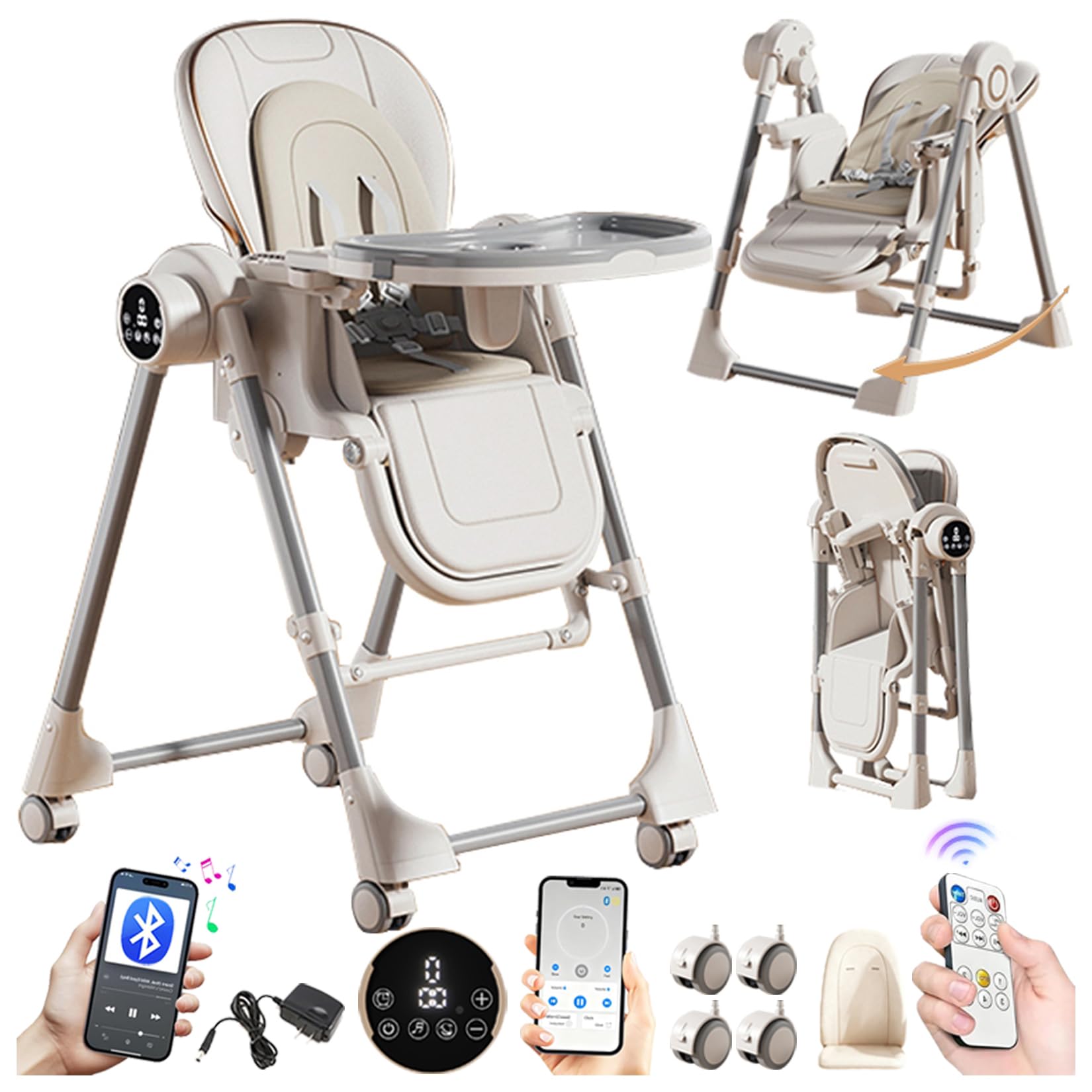 Magic ZC Elettrico Bluetooth Intelligente Pelle PU Seggiolone per Bambini Sedia da Pranzo per Pappa Pieghevole Convertibile Multifunzionale Regolabili con Doppi Vassoi Staccabili e Ruote (E8121 White)