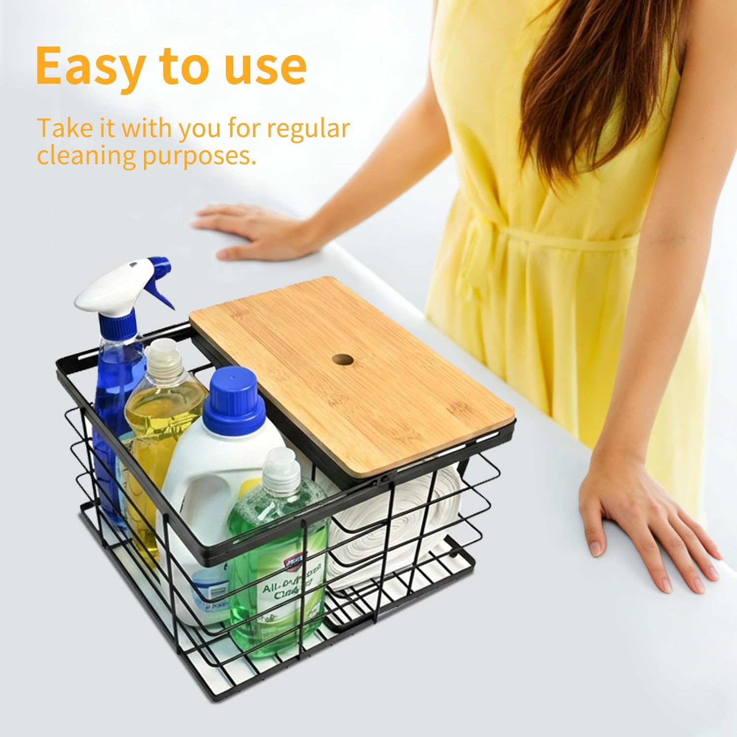 MSJGA Trash Bag Dispenser Holder, 2-in-1 Metal Under Sink Storage Organizer with Bamboo Lid, Designed for Holding Large Rolls, Garbage Bags Storage Container for Kitchen, Pantry, Laundry Room