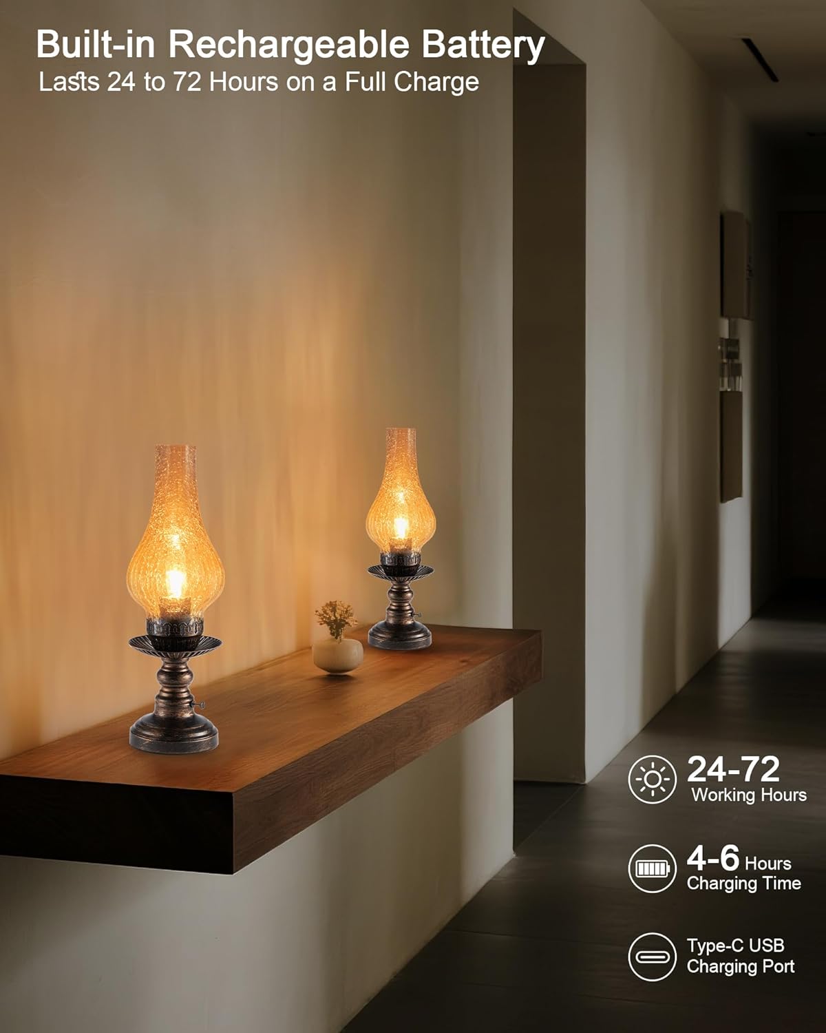 UMEXUS Vintage Rechargeable Cordless Table Lamp with Dimmer & Touch Control, Small Battery Powered Lights, Amber Hand-Blown Glass Retro Farmhouse Lamp for Bedroom, Living Room, Dining Table, Kitchen - Image 5