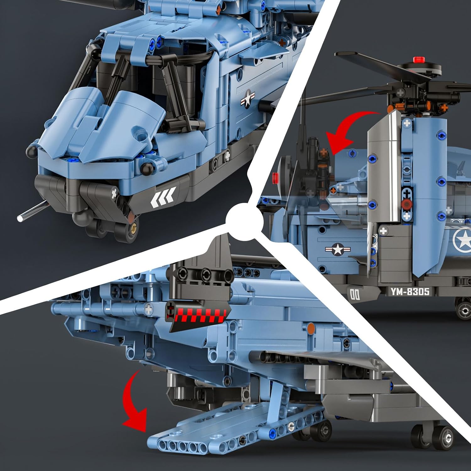 GEVINST Military Helicopter Building Blocks Set, 1486 Pieces V-22 Fighter Jet Army Airplane Toys Model Kits for Adults Kids Boys Ages 8 10 12 14