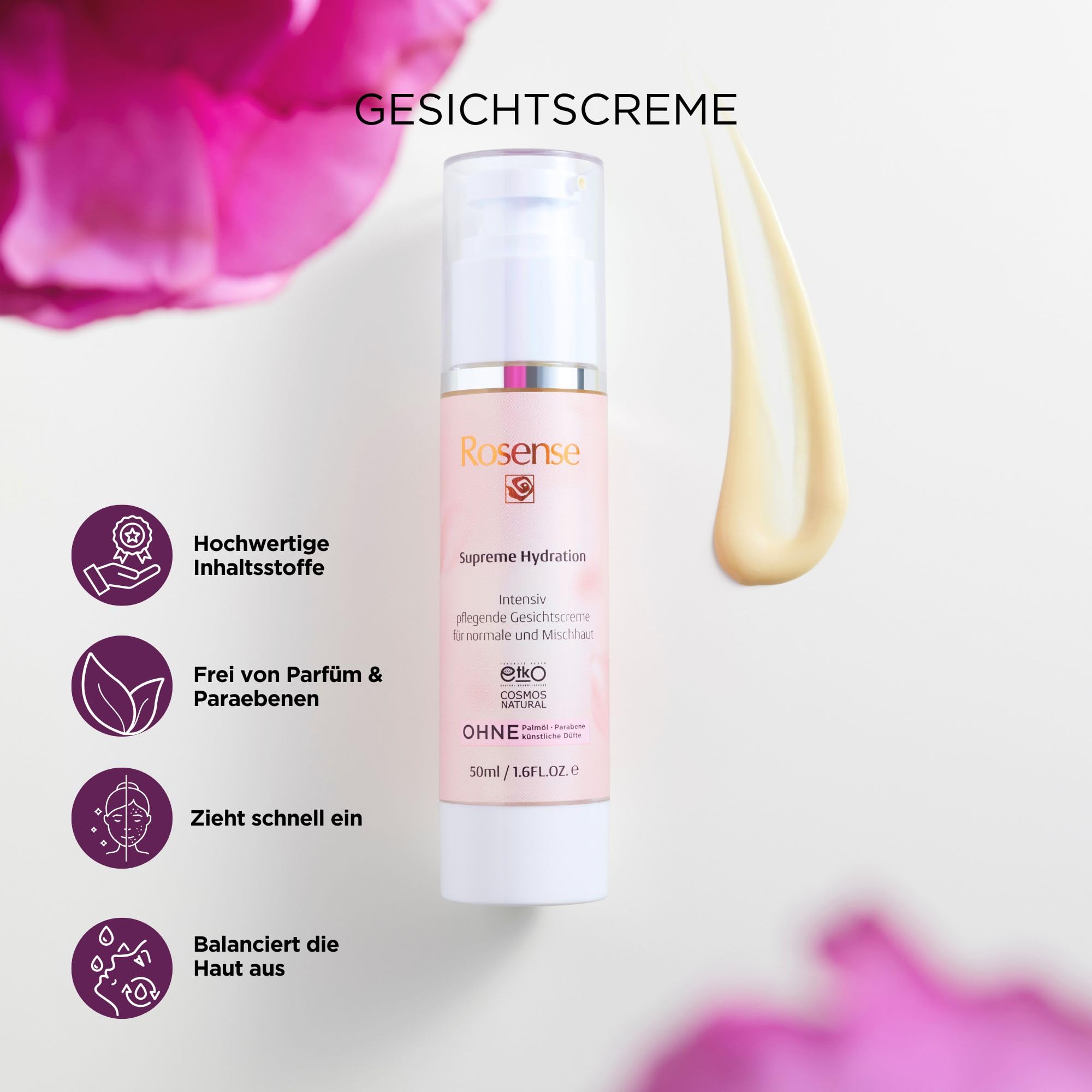 Gesichtspflege Set – Gesichtscreme & Augenserum für normale & Mischhaut von Rosense, ECOCERT Naturkosmetik zertifiziert, vegan & dermatologisch bestätigt, Anti Falten Feuchtigkeitspflege