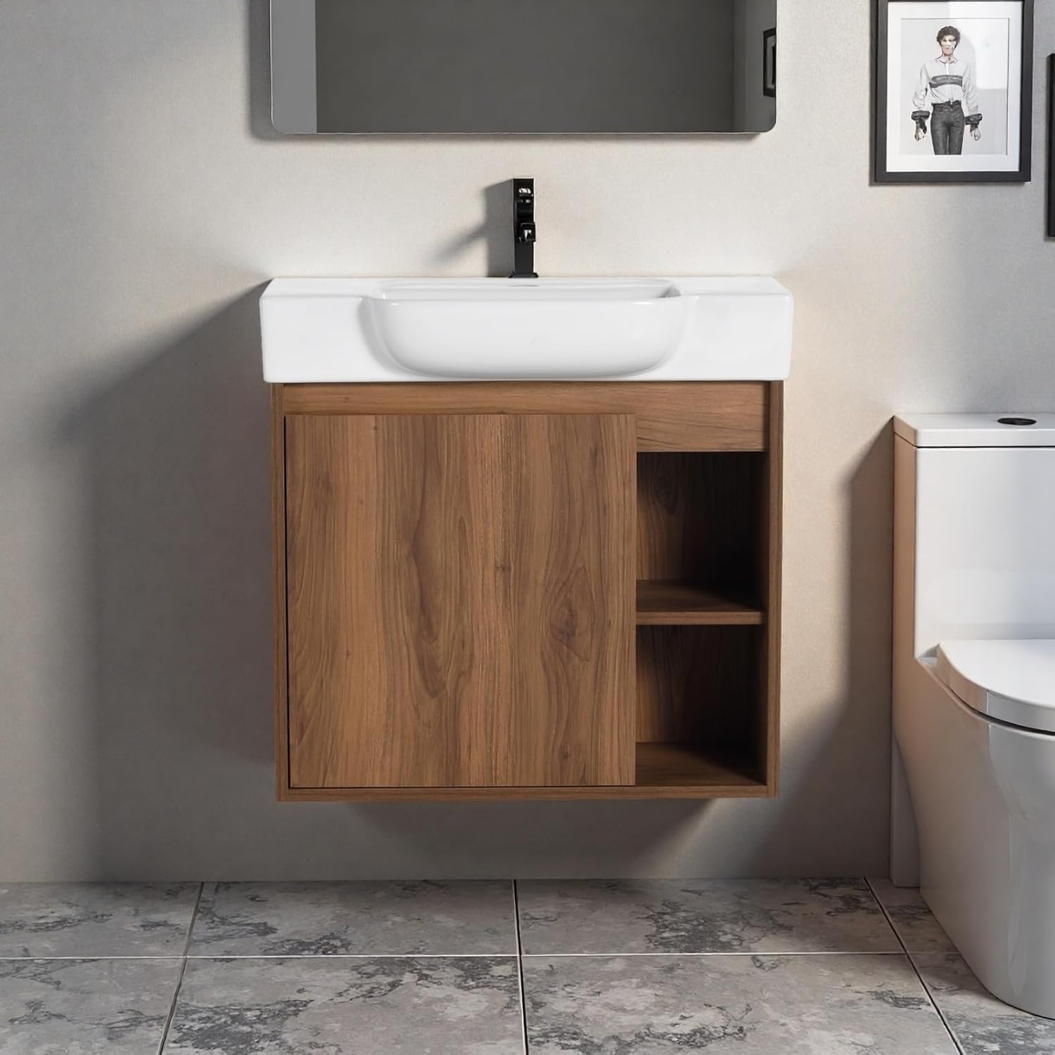 24" Bathroom Vanity with Ceramic Sink, Modern Wall-Mounted Bathroom Vanity with Soft-Close Door & 2 Open Storage Shelves for Home, Farmhouse, Undermount Storage Cabinet, Easy to Clean, Brown
