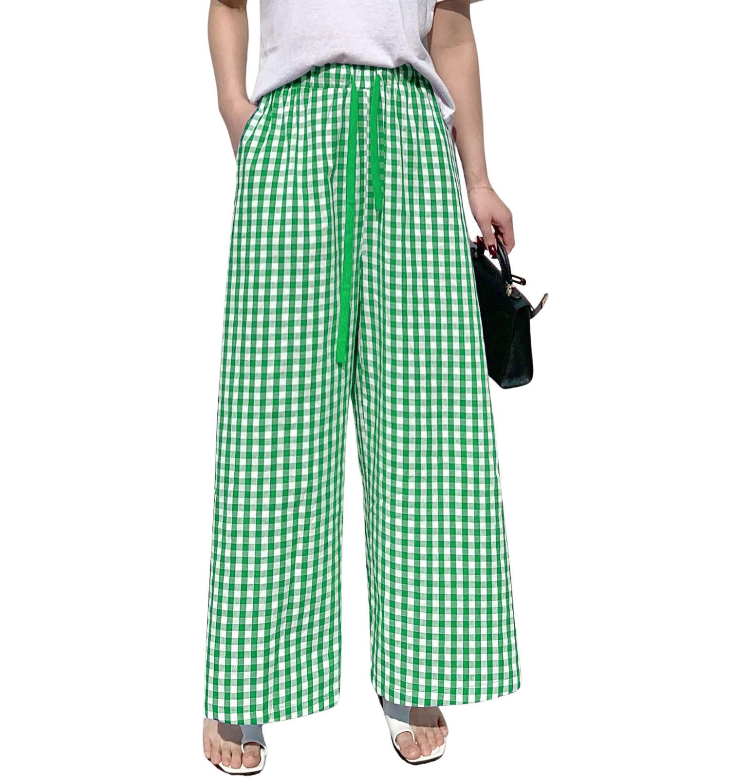 Womens Pajama Pants Plaid Wide Leg Gingham Lounge Pants Plaid Cotton Pajama Bottoms with Pockets