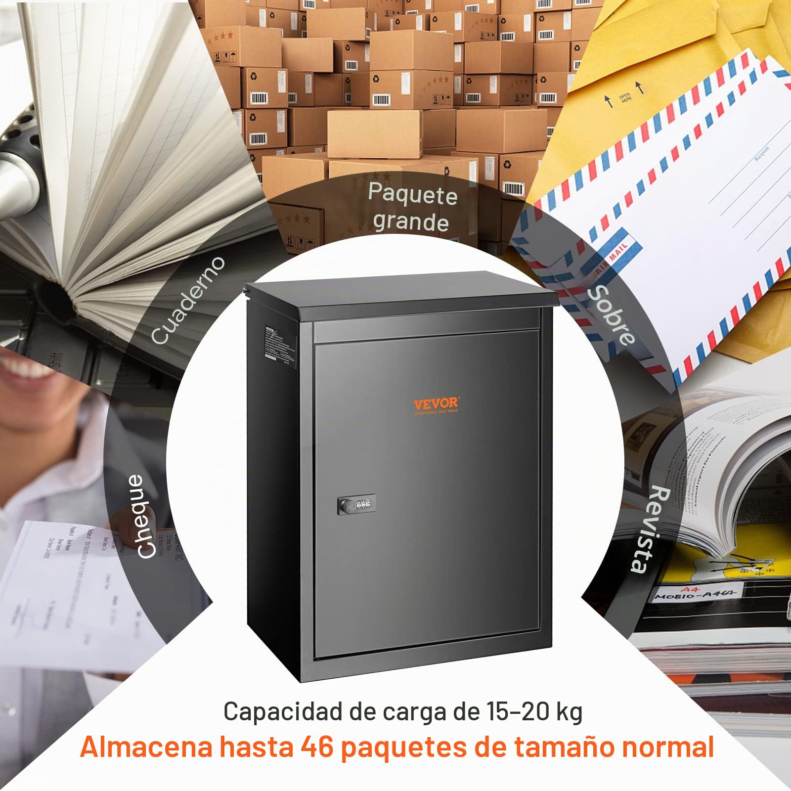 VEVOR Buzón de Paquetes 39x27x52,2 cm Buzón de Acero Galvanizado Código Cerradura Montaje en Pared Independiente Deflector Antirrobo Extraíble Depósito de Paquetes Impermeable IPX3 para Hogar Porche