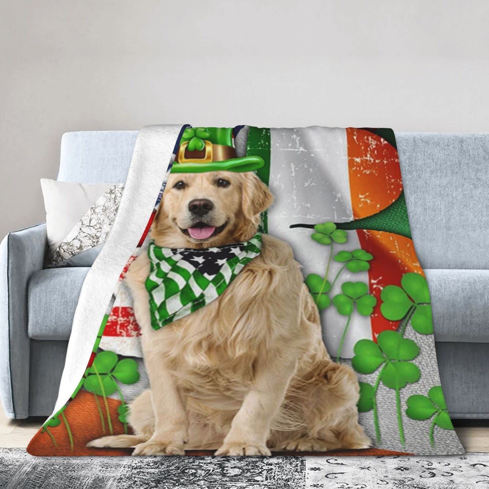 Lsjuee Christmas Flannel Fleece Blanket 50"X40" Golden Retriever Dog Saint Patrick‘s Day Sofa Throw Blanket Funny Ultra-Soft Travel Winter Blankets for Mens Keep Warm
