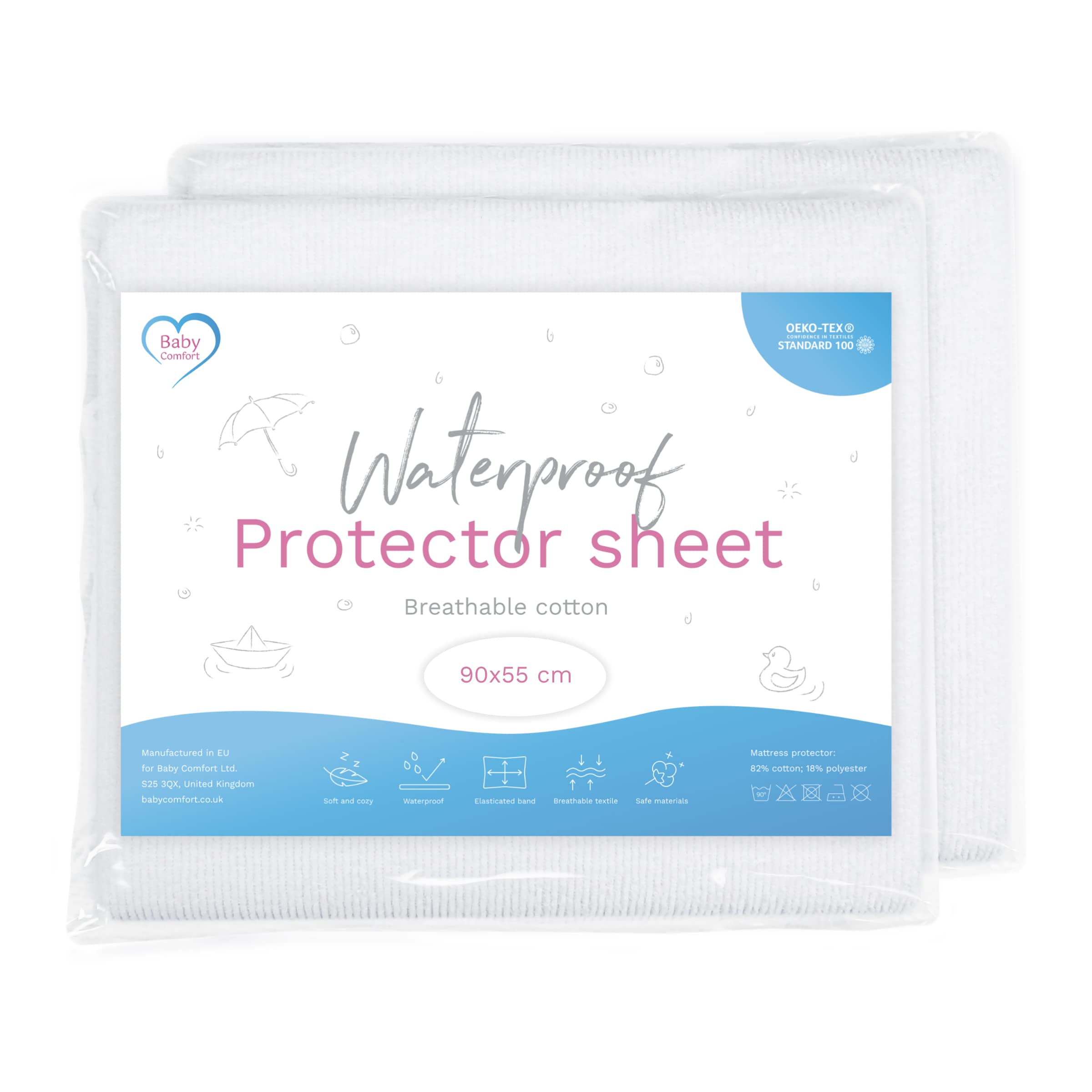 Set of 2 Waterproof Mattress Protector Sheets/Covers Fits 90x55 cm Bedside Crib