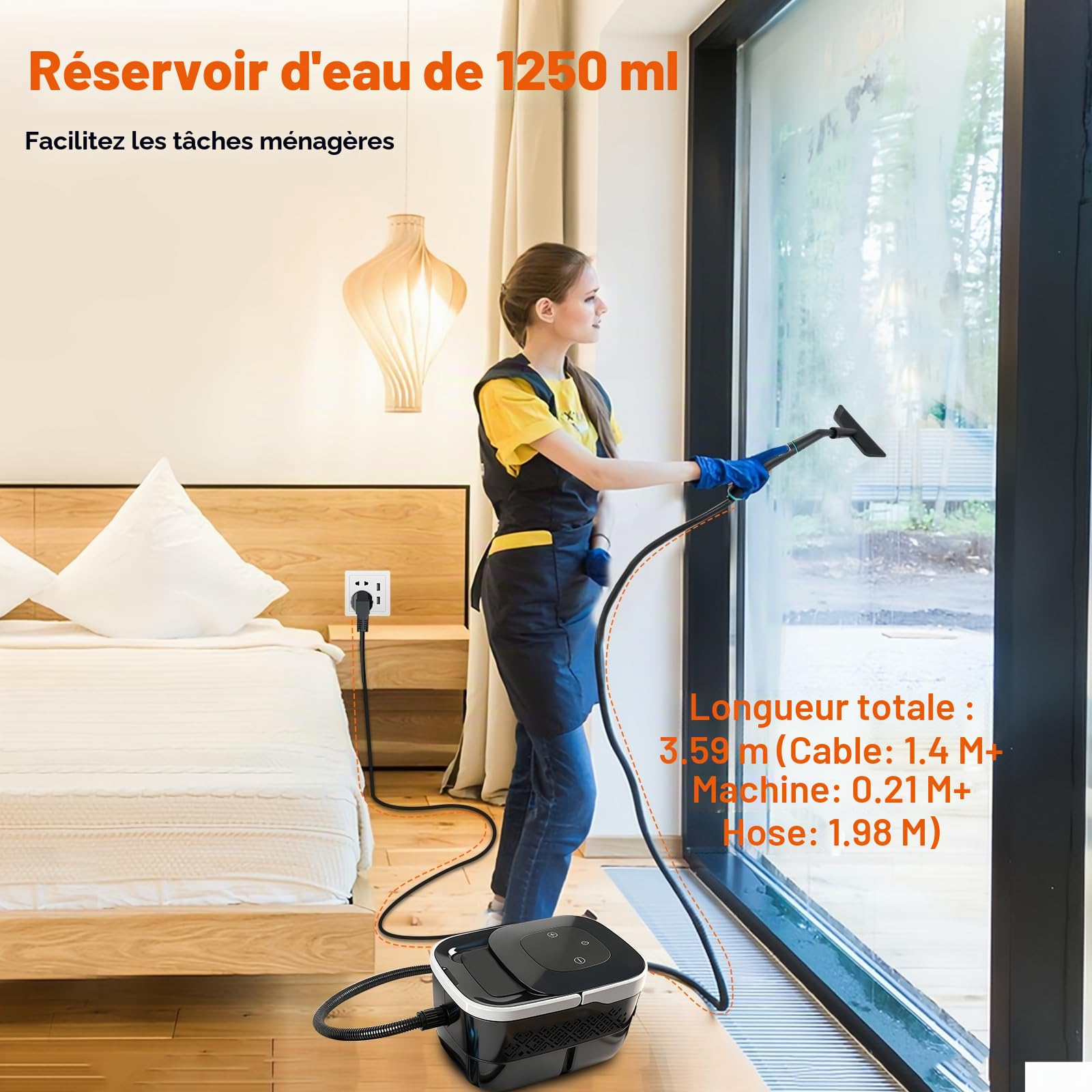 Nettoyeur à main vapeur haute pression 2500 W 4 bar, réservoir de 1250 ml, 6 niveaux, appareil de nettoyage sous pression haute température pour voiture, fenêtres, cuisine, sol, meubles