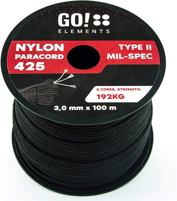 GO!elements 100m Paracord rope made of tearproof nylon - 3mm Paracord 425 type II lines as outdoor rope, all-purpose rope, survival rope, bracelet, dog leash - nylon line max. 192kg, Color:Black