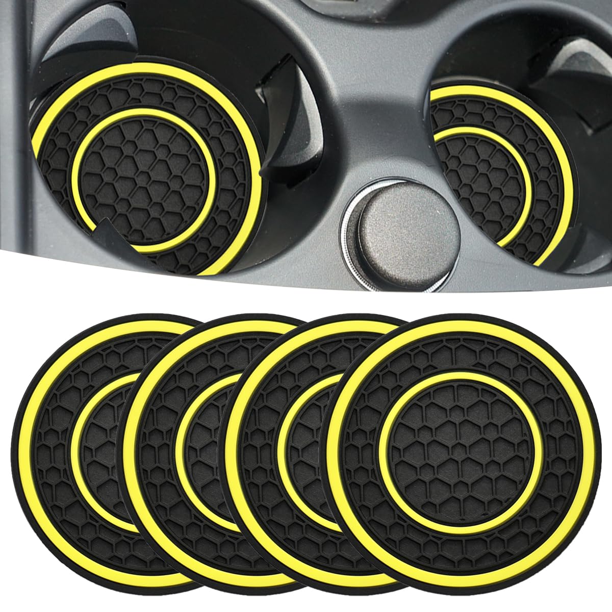 JUNAHAA Car Cup Coaster Universal Automotive Waterproof Non-Slip Cup Holders Sift-Proof Spill Holder Car Interior Accessories 4 Pack Black & Yellow