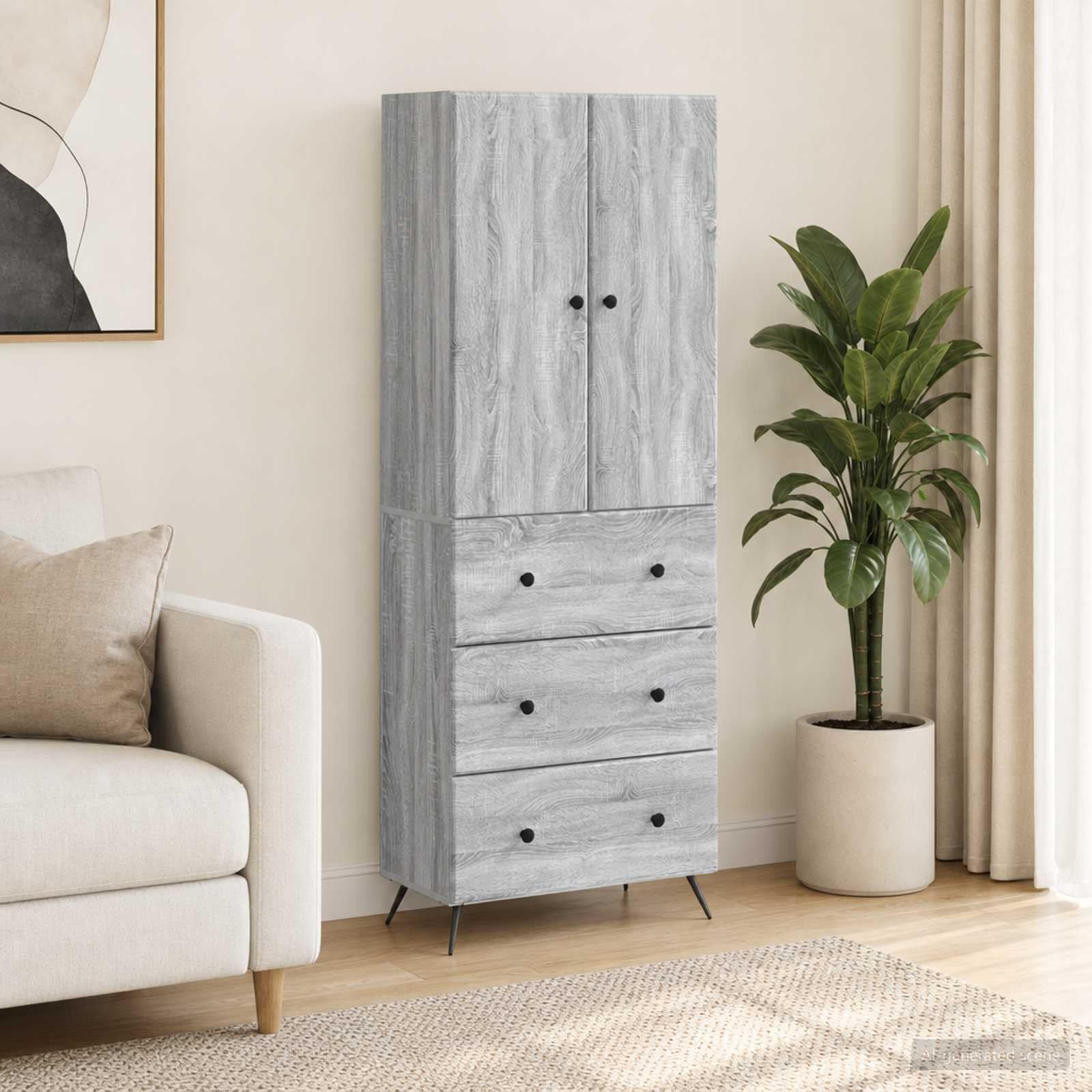 Zestaw szafek, 2 sztuki, materiał drewnopochodny, Sonoma szary, 66 x 34,5 x 90 cm, z szufladami i półkami, uniwersalna szafka do przechowywania do biura, gospodarstwa domowego, piwnicy