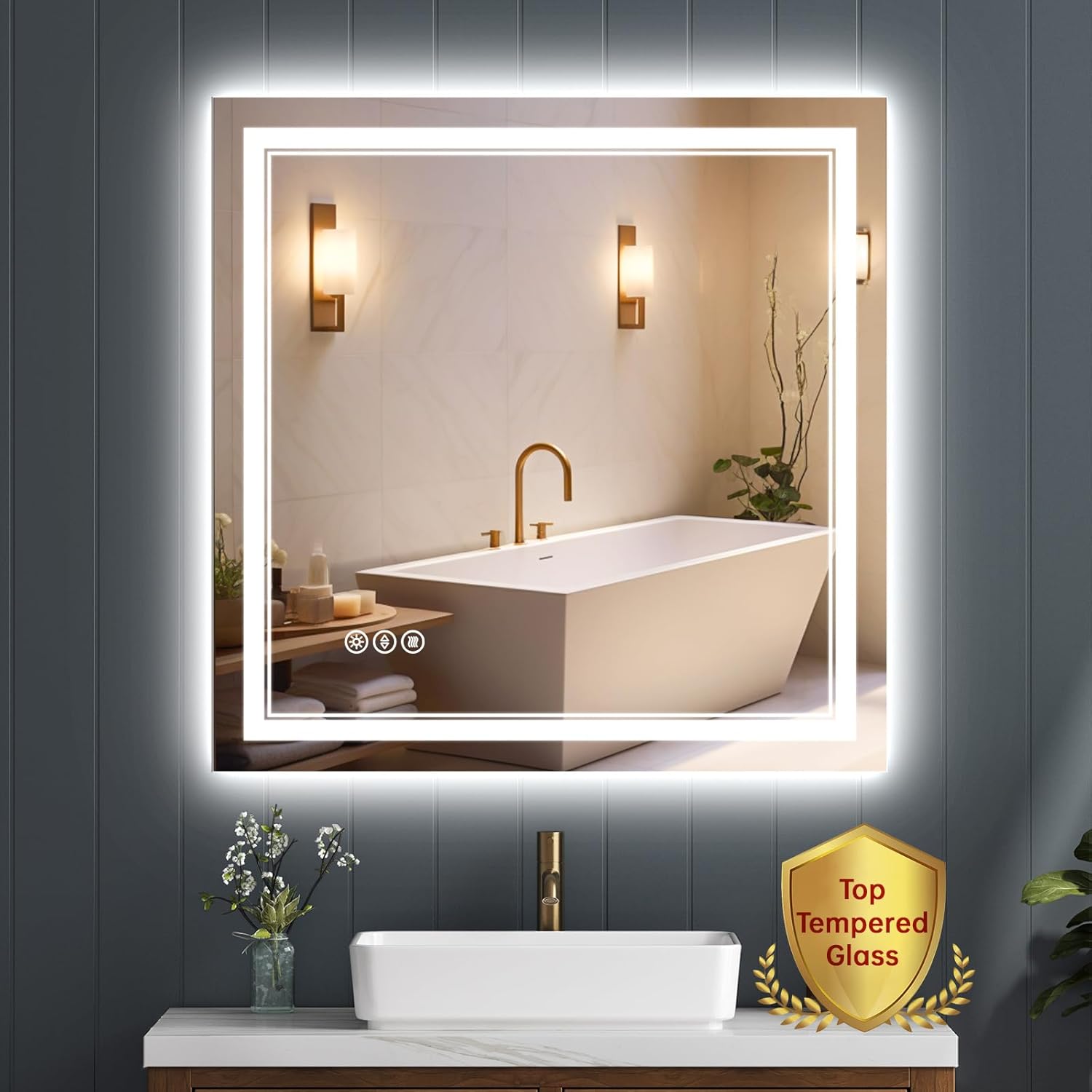 Bathroom Mirror with Lights 36x36 Inch, Acrylic Side & Tempered Glass with Silver Back, Front and Backlit Lights, Anti-Fog, Dimmable, 3 Colors, Brighter CRI 90+ (Horizontal & Vertical) 36"L x 36"W
