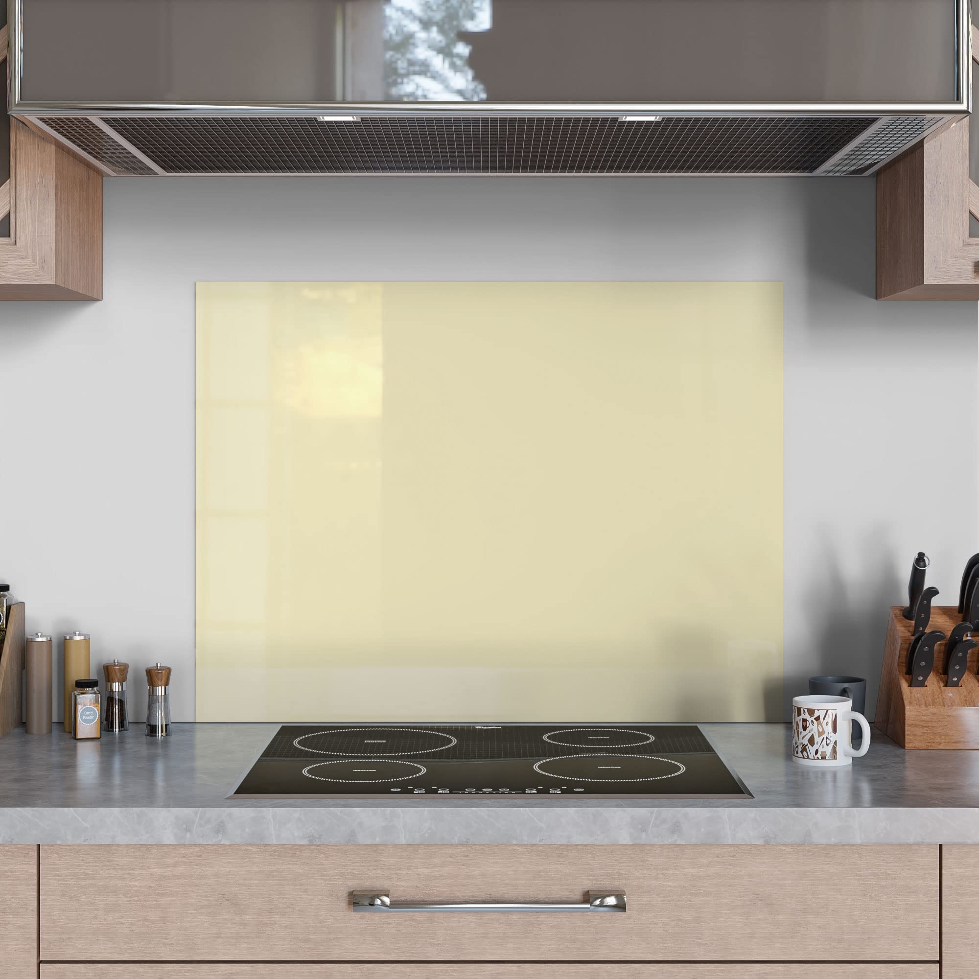 DEQORI Küchenrückwand Glas | Unifarben - Beige | 80x60 cm | Bad- oder Herd-Rückwand | Herdblende Spritzschutz für Küche & Badezimmer | moderne Deko für Fliesenspiegel