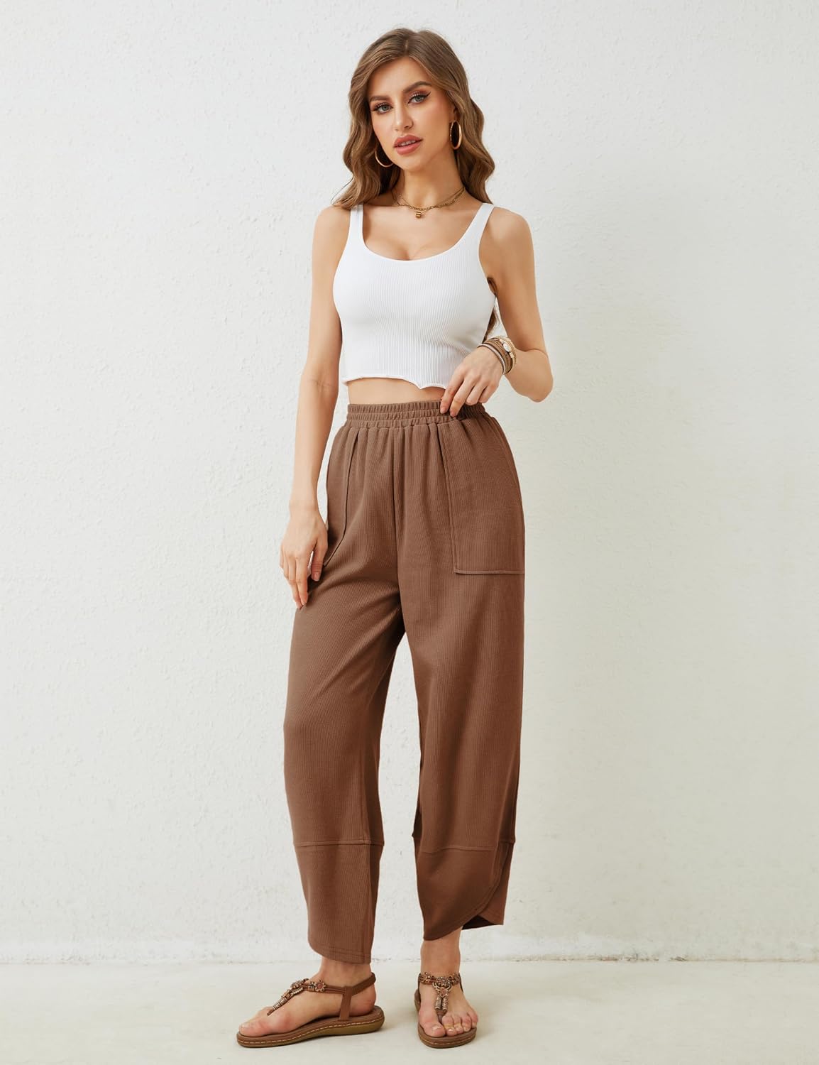 Xiaoxuemeng Womens Baggy Wide Leg Pants Casual Elastic Waisted Palazzo Harem Pants with Pockets thumbnail