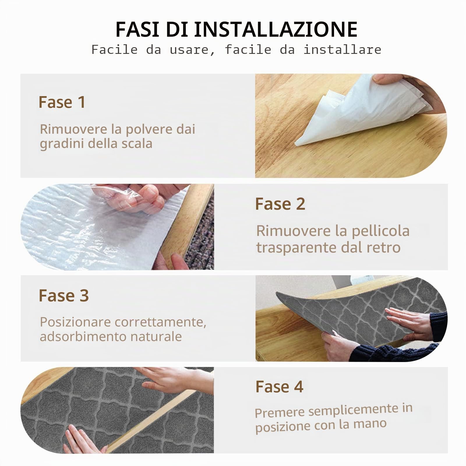 Weigudoc Tappetini per Scale Antiscivolo 76x20cm, Tappetini di Sicurezza Autoadesivo, 15 pezzi Pavimento Staircase tappeti per Bambini Anziani e Animali Domestici, grigio (Stile 1)