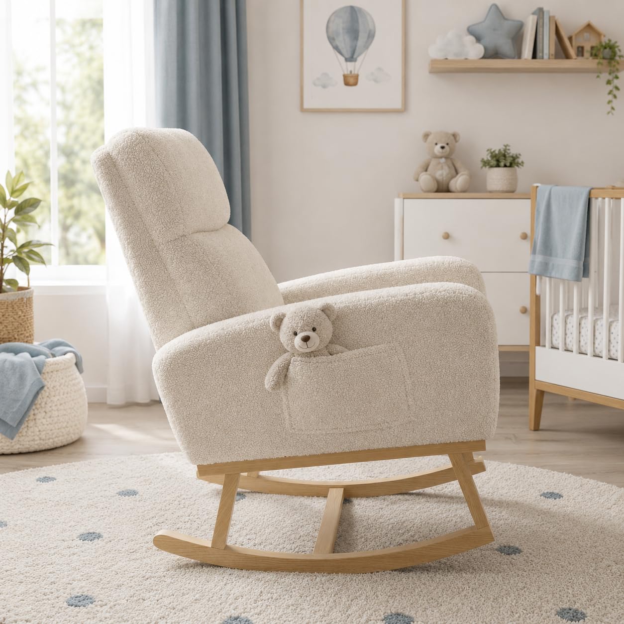 BRILVERDE Sedia a Dondolo, Poltrona Dondolo con Tasche Laterali Gambe in Legno massello, Allattamento al Seno, Sedia per Il Tempo Libero, Adatta per Soggiorno e Camera da Letto (Beige)