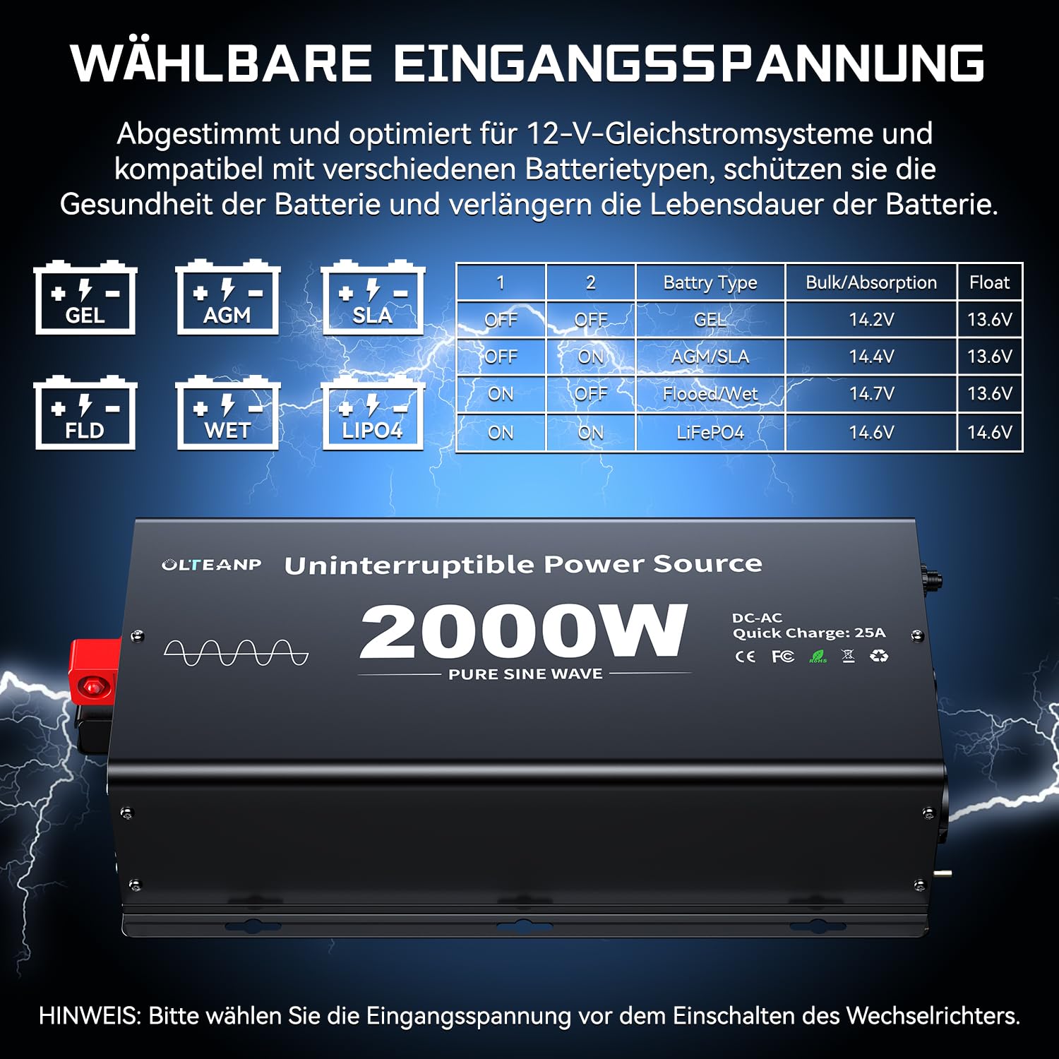 OLTEANP 2000W Wechselrichter12V auf 230V Reiner Sinus,Spannungswandler mit Netzvorrangschaltung und ladefunktion und USV Funktion,Fernbedienung mit LCD-Bildschirm, Automatische Umschaltung für Netz