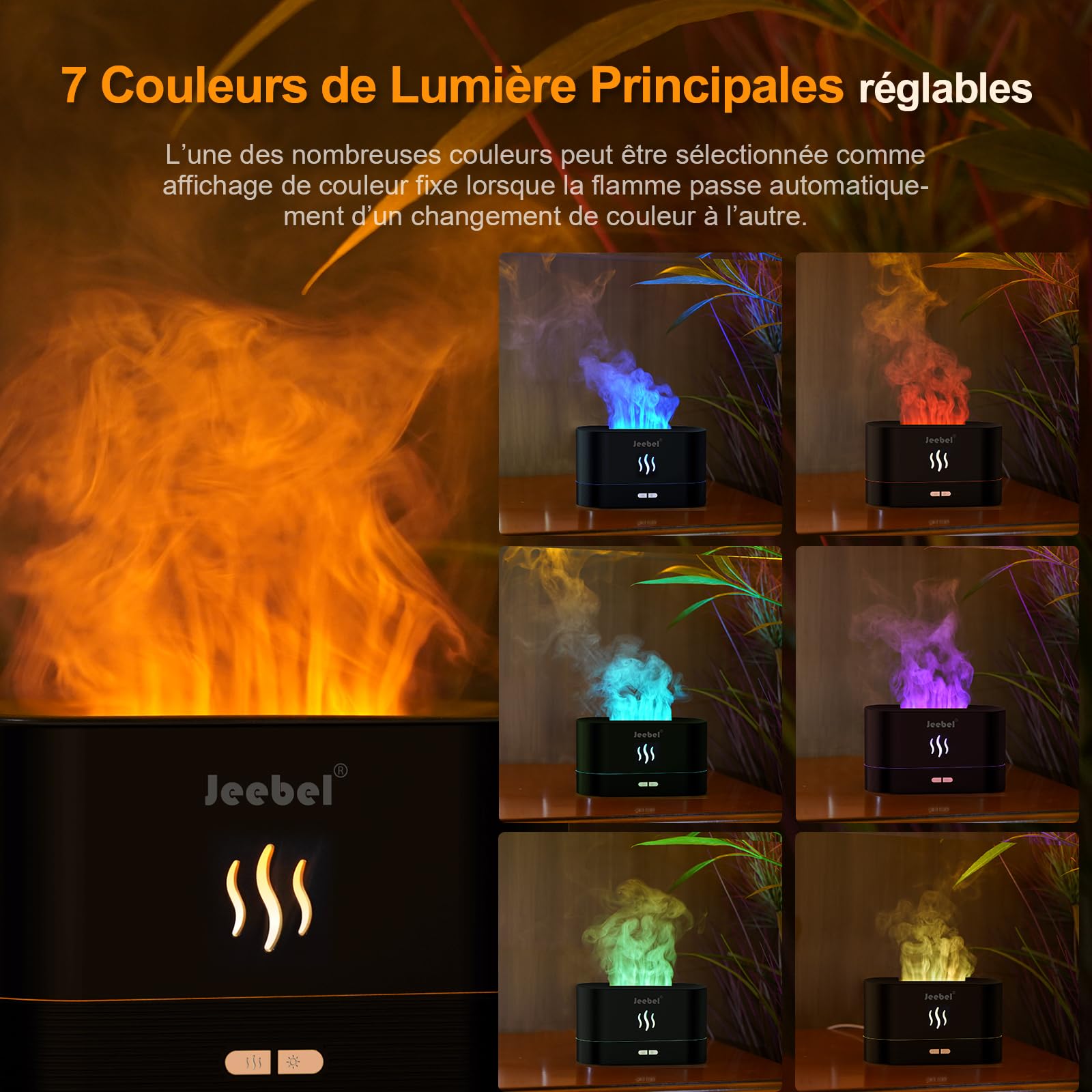 Jeebel Diffuseur d'Huile Essentielle 180ml Mini Humidificateur Ultrasonique d'air Arôme, Lumière de Atmosphère Nocturne de Effet Spécial Simulation Flame pour Aromathérapie Parfum de Maison Chambre