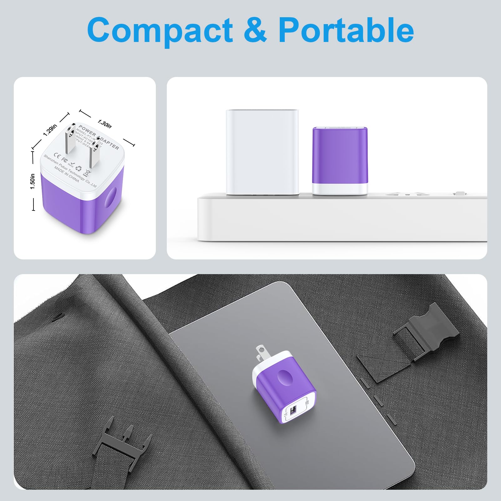 Cargador de enchufe de pared USB-A morado para Google Pixel 8a 8 7 Pro, Samsung Galaxy A55/A15/A53, S24/S23/S22/S21, paquete de 2 adaptadores de alimentación USB, caja de carga de enchufe de ladrillo
