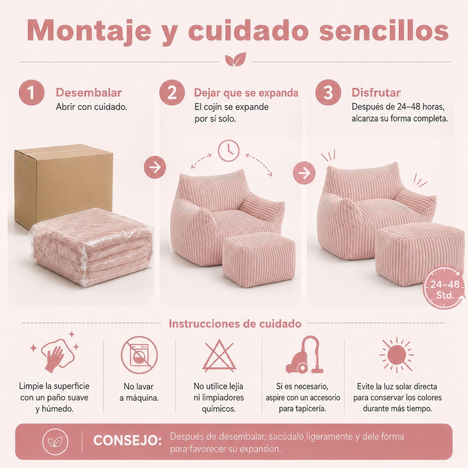 Pouf XXL pour adultes avec ottoman – Fauteuil inclinable ergonomique avec 5 zones de soutien, housse de cordon, rembourrage en mousse à rebond élevé, gain de place pour salon (rose)