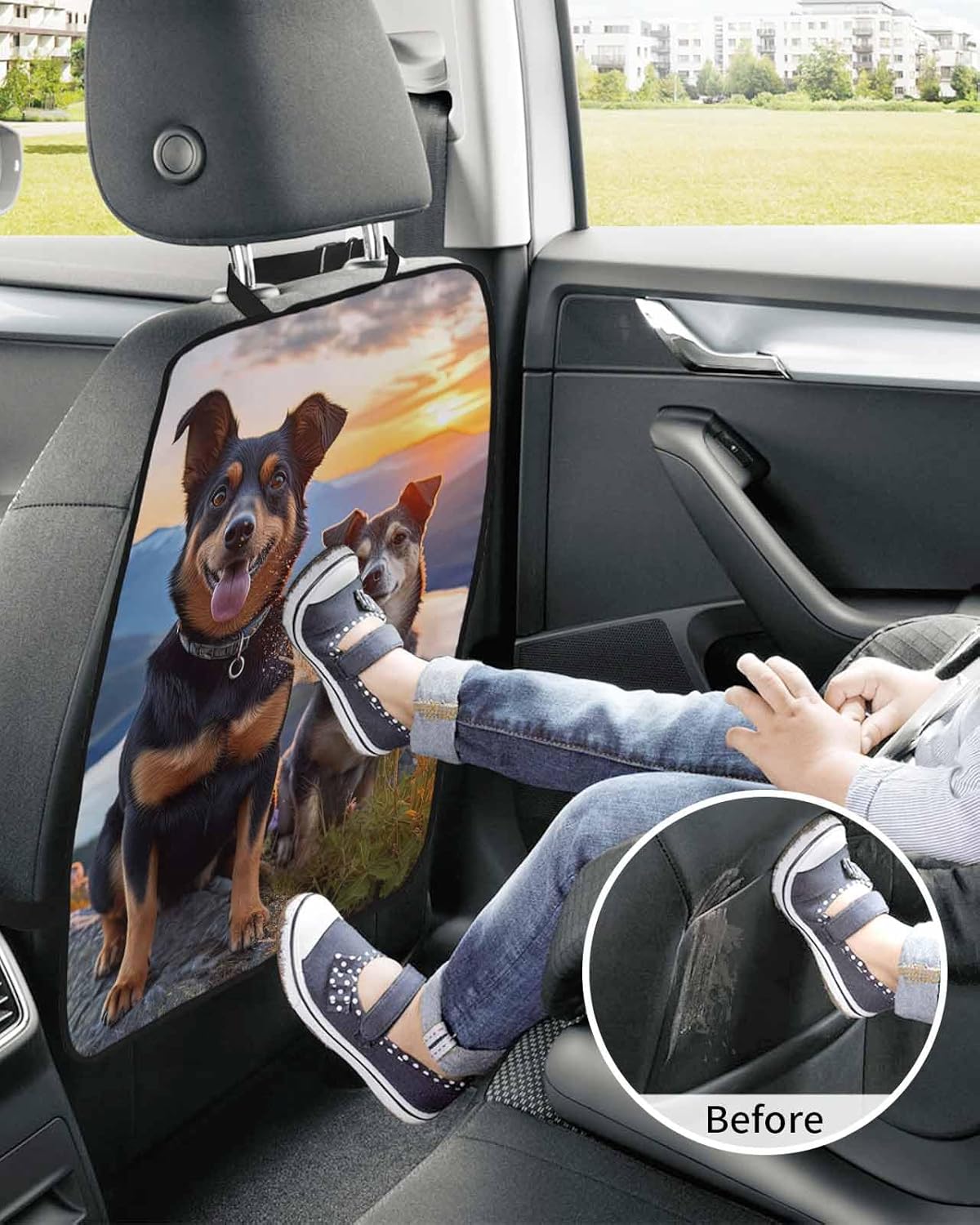 T&H XHome Car Seat Protector, 2 Pack Kick Mats Back Seat Protector Cute Dog on Mountains Blue Sky Flowers Waterproof Backseat Cover for Kids Universal Fit Automotive Interior Protectors