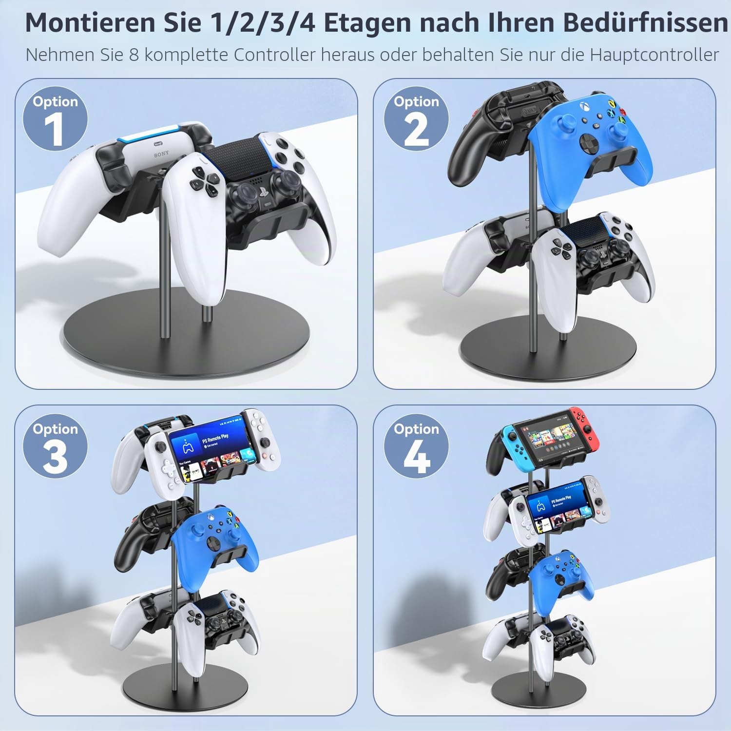 Gaming Deko Controller Halterung, 4-Stufen Controller Halter & Kopfhörer Halterung Tisch mit Kabel Gaming Organizer, Kopfhörer Halter für Universaler Controller/Headset, Gaming Zubehör Zimmer Deko