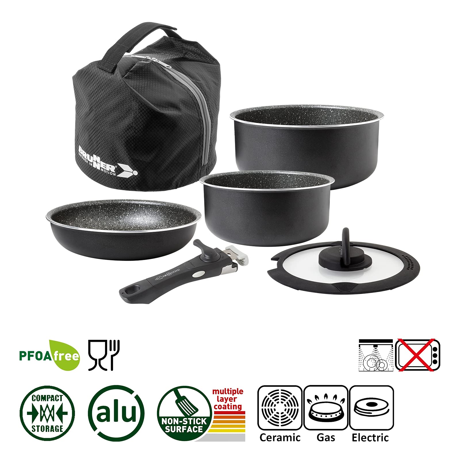 BRUNNER Camping Kochgeschirr-Set Alu (Töpfe und Pfannen) - ø 20, 22, 24, 26-cm Pirate Vakublock - 4 Personen, Beschichtet, Leicht, Hochwertig, Stapelbar