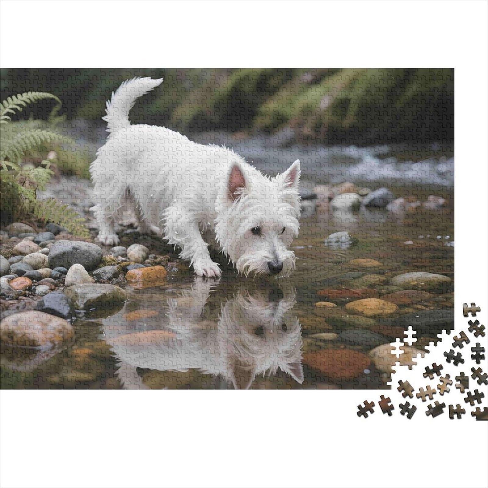 White Westie Dog Jigsaw Puzzles Puzzles for Adults Kids. 1000 Piece Great Gifts Challenge Toy Educational Games Home Decoration for Adults& Kids Age 14 Years Up 38x26cm/1000pcs