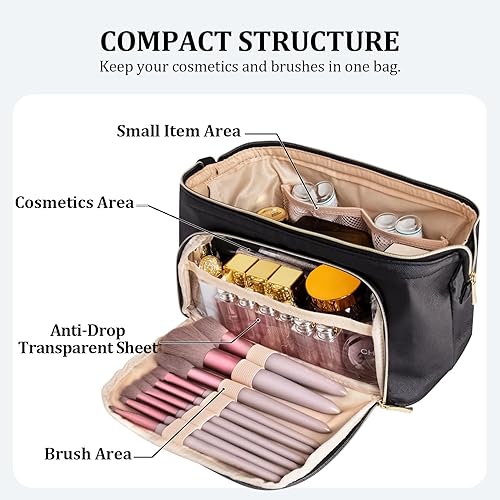 Miniatura 2 de QFDS Bolsa de maquillaje de viaje, bolsa de maquillaje grande y abierta, bolsa de cosméticos espaciosa de cuero, bolsa organizadora de maquillaje