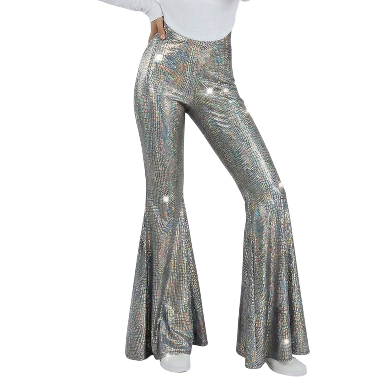 Sequin Flare Pants Sparkly Glitter High Waisted Stretchy Bell Bottoms Leggings Party Disco Clubwear for Women Fancy Dress for Dance Performance Stage Show Jazz Club Night Out Carnival Silver