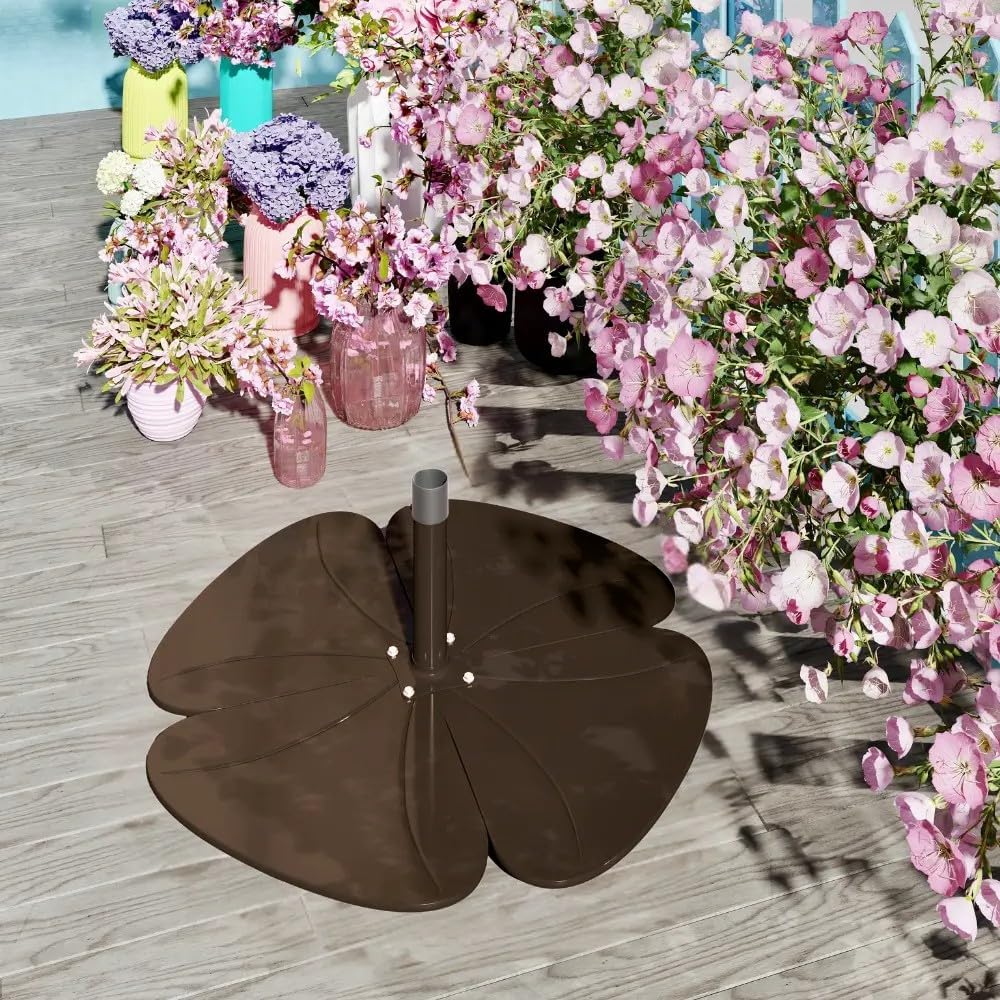 4 Piece Heavy Duty Metal Patio Umbrella Base, 33lbs Weighted Umbrella Stand with Petal Design, 30” Reinforced Base Plate Set with 2 Pole Adapters for Market Umbrellas, Coffee