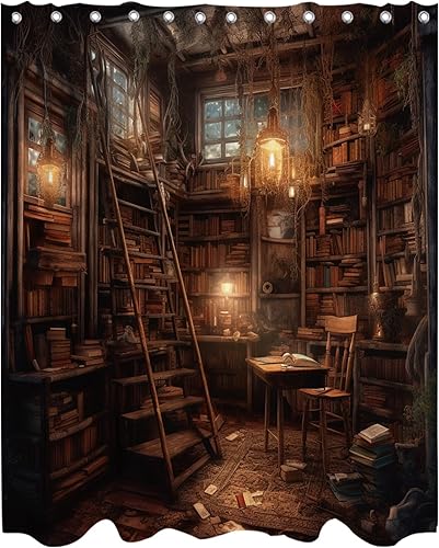 Cortina de ducha vintage medieval de biblioteca, para habitación temática de estudio, bañeras, juego de cortina de ducha de tela con 12 ganchos, 72